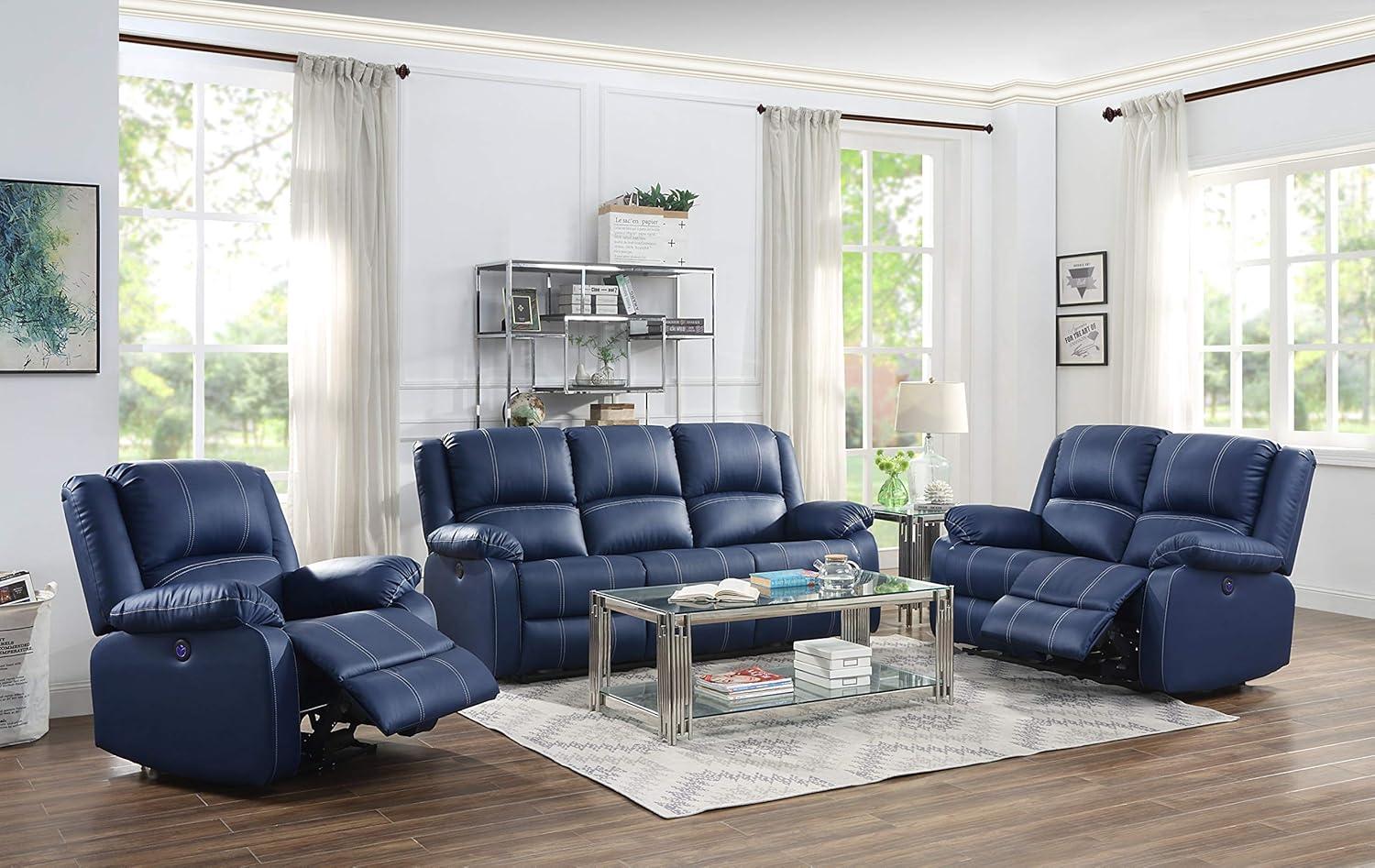 Blue Faux Leather Reclining Sofa with Pillow-Top Arms