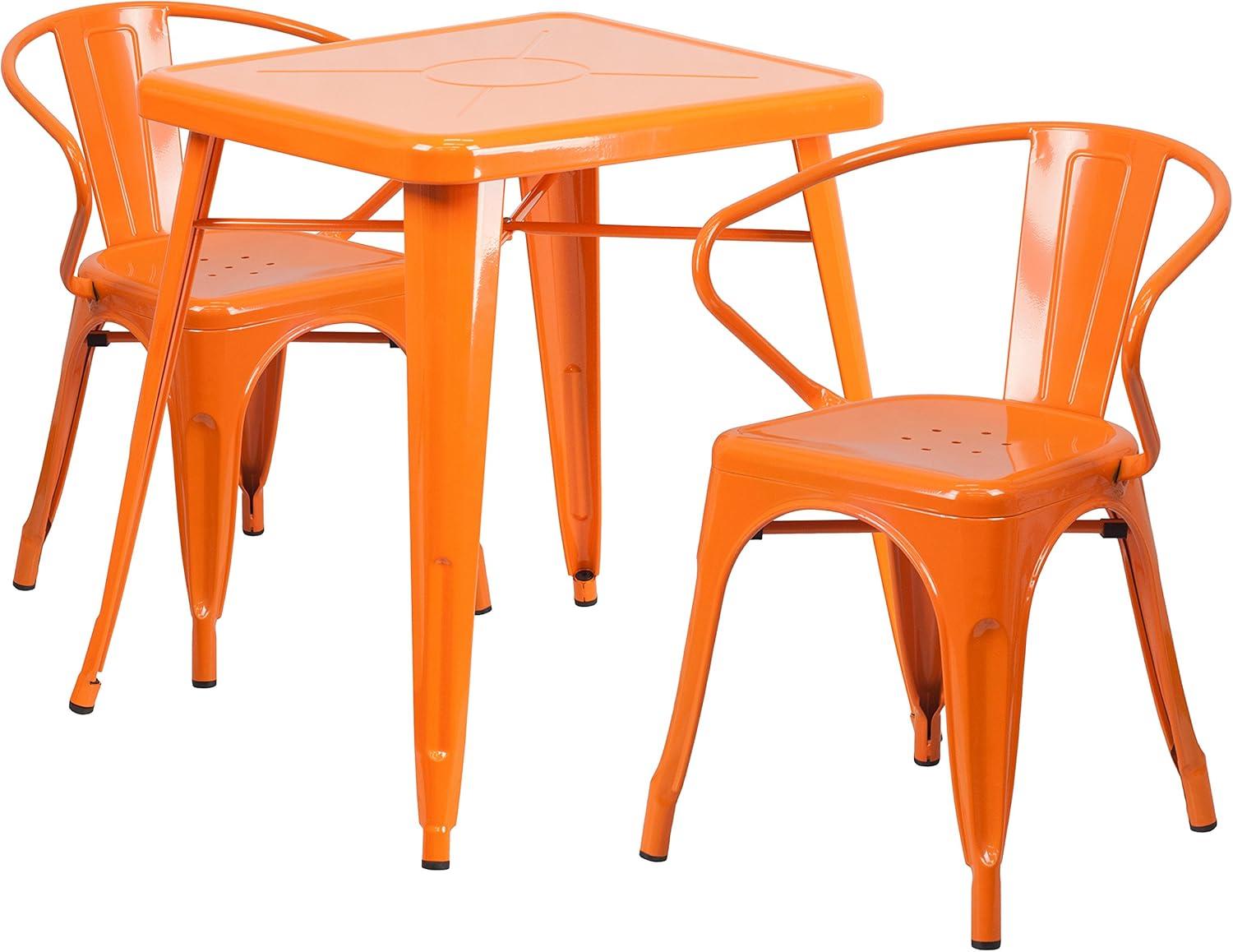 Emma and Oliver Commercial 23.75" Square Orange Metal Indoor-Outdoor Table Set-2 Arm Chairs