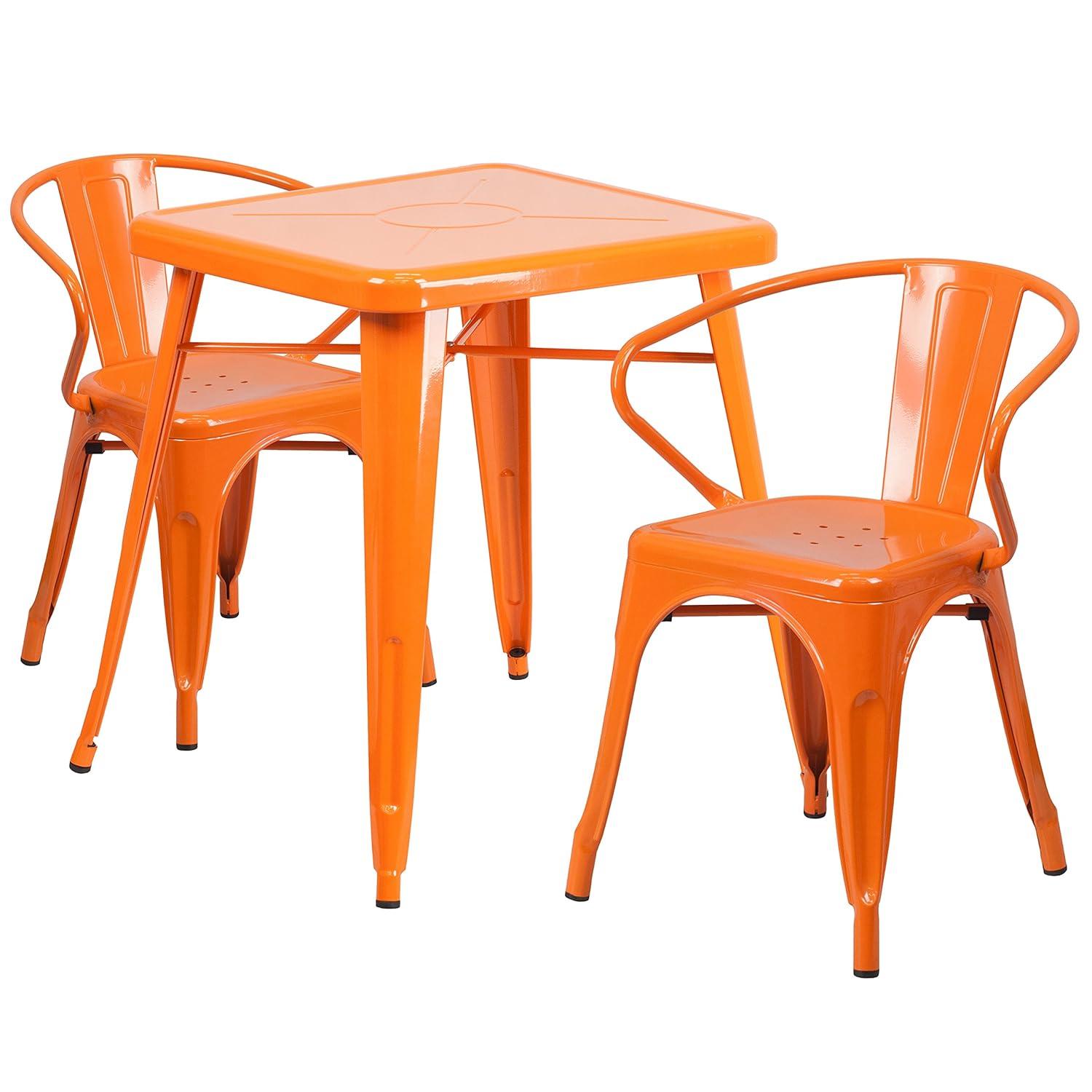 Emma and Oliver Commercial 23.75" Square Orange Metal Indoor-Outdoor Table Set-2 Arm Chairs