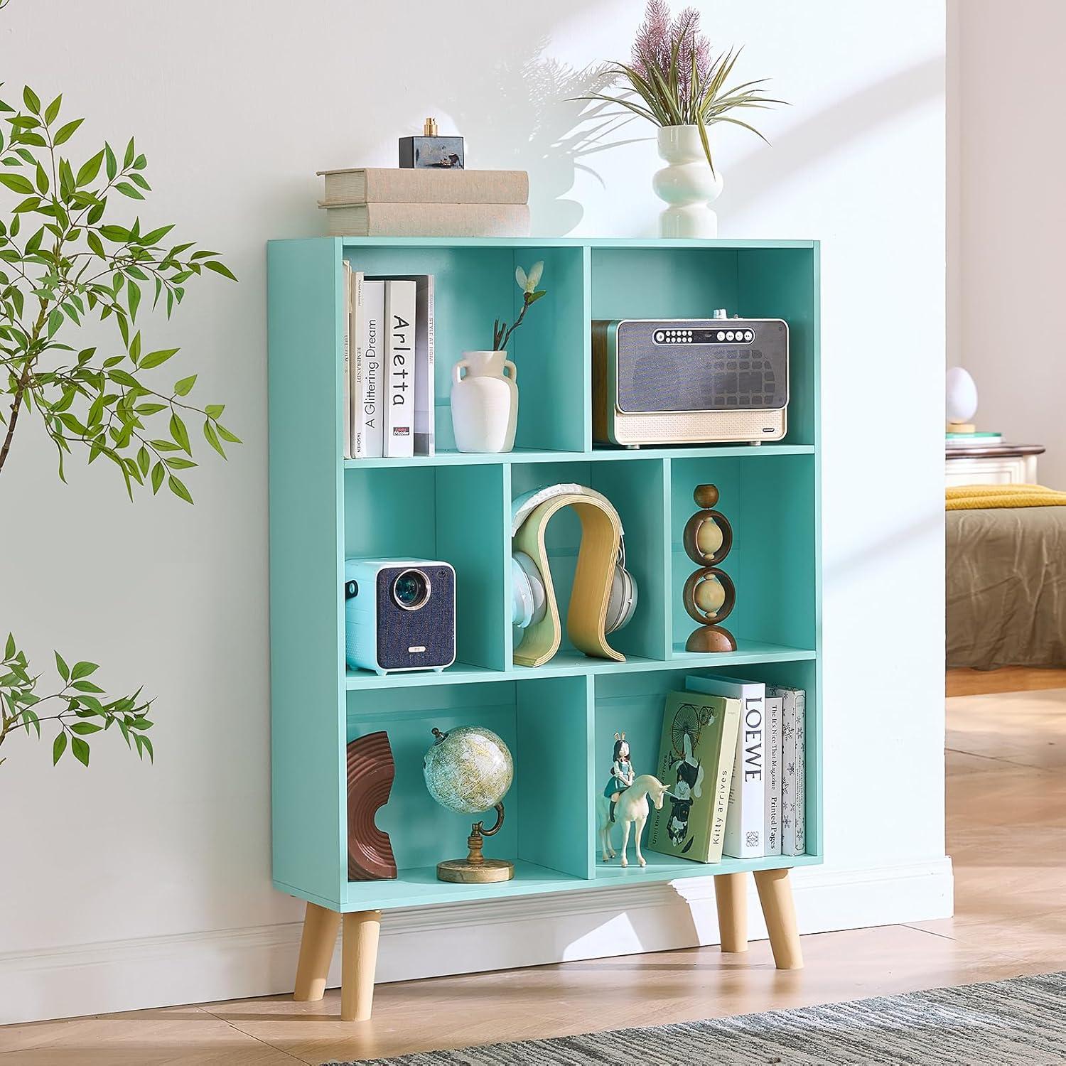 Satiny 7 Cube Bookshelf 3-Tier Bookcase with Legs, Mint-Green Kids Book Shelf Cute Storage Organizer, Toy Shelves Bookshelves,Wood Display Bookcases
