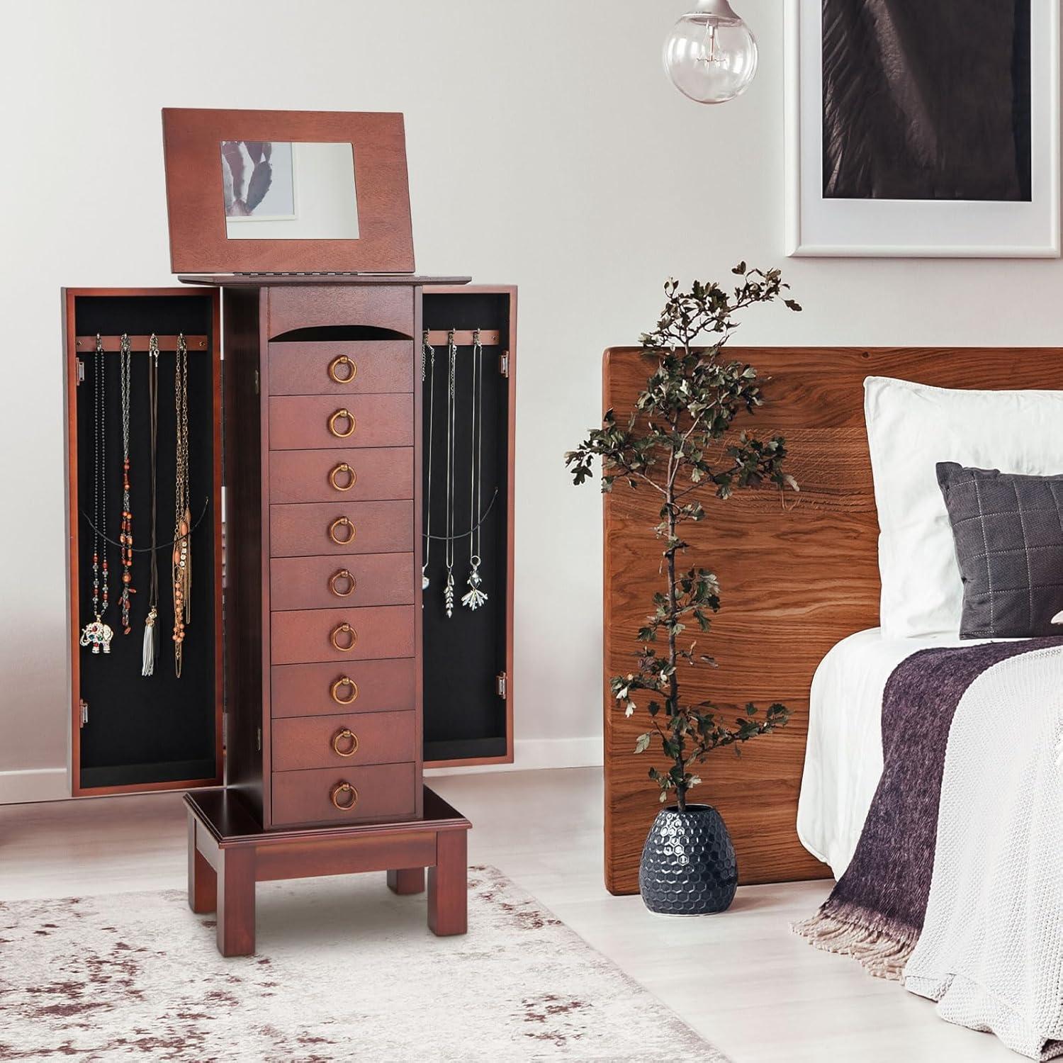 NAFORT Jewelry Armoire with Top Flip Vanity Mirror, Jewelry Cabinet with 9 Drawers and 2 Side Doors for Necklace, Large Storage Capacity Jewelry Organizer and Storage, Walnut
