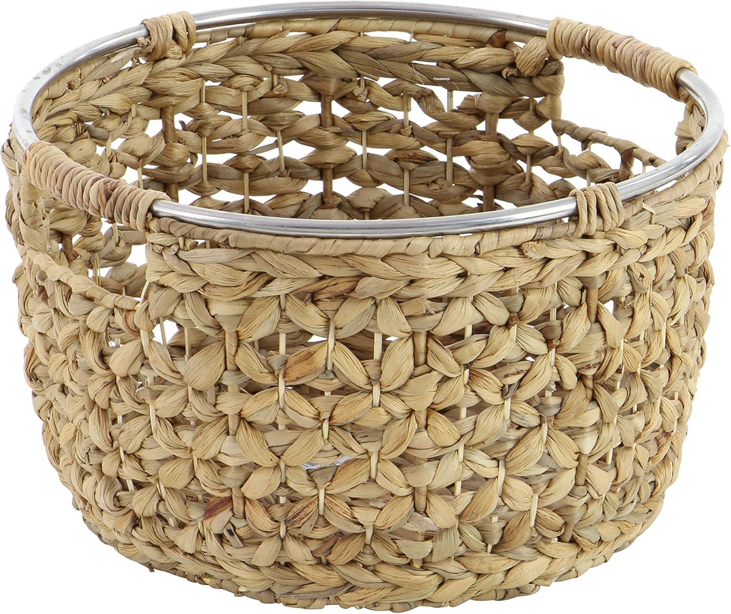 Polished Seagrass Round Storage Basket with Metal Handles