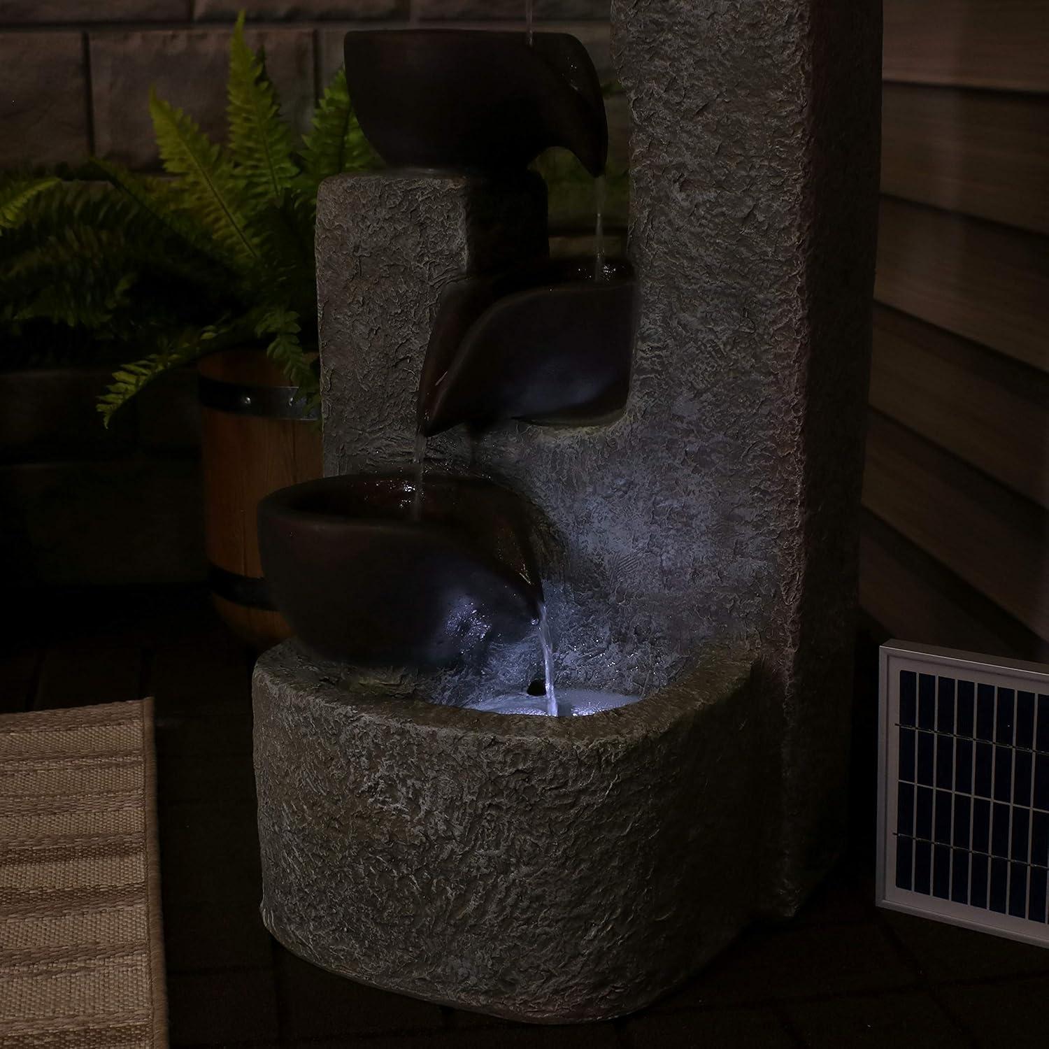 Sunnydaze Outdoor Polyresin Solar Powered Aged Tiered Vessels Water Fountain with Battery Backup - 29"