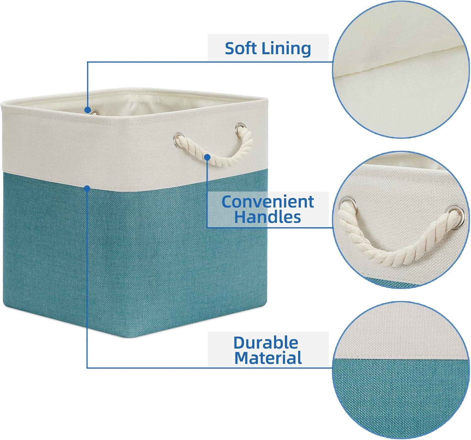 Tegance 13x13 Storage Cubes Baskets 4 Pack Fabric Cube Storage Bins Large Storage Baskets with Leather Handles,Decorative Storage Boxes for Organizing Shelves(WhiteGreen)