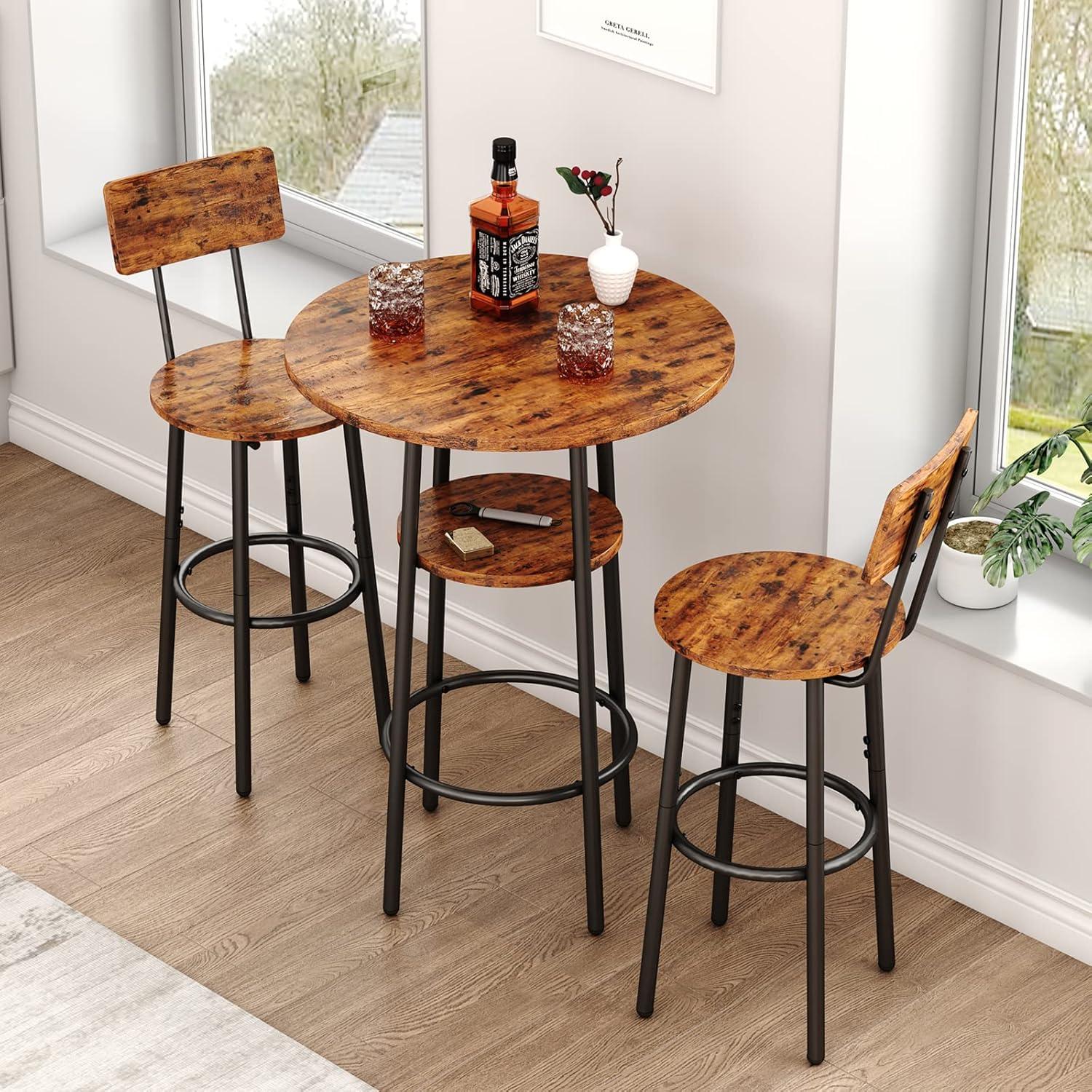 Rustic Brown and Black Metal 3-Piece Pub Table Set with Storage Shelf