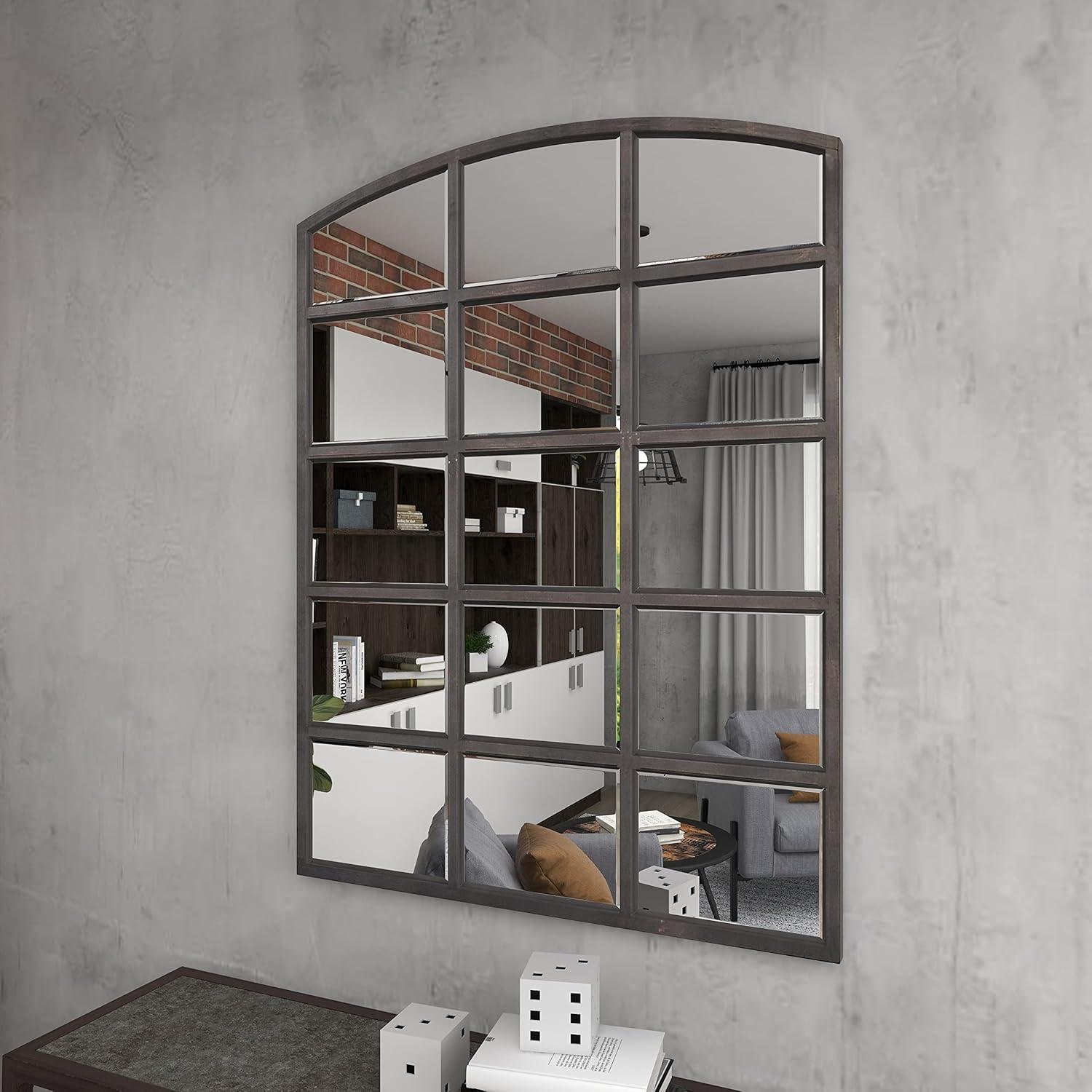 DecMode Geometric Window Pane Arch Wall Mirror, 36" W x 48"H, Dark Brown Finish