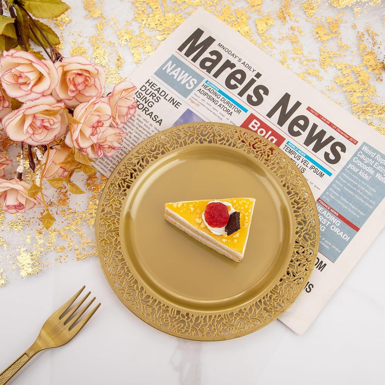 I00000 60pcs Plastic Gold Plates,10.25 inch Gold Rimmed Dinner Plates, White Disposable Plates, Parties or Wedding