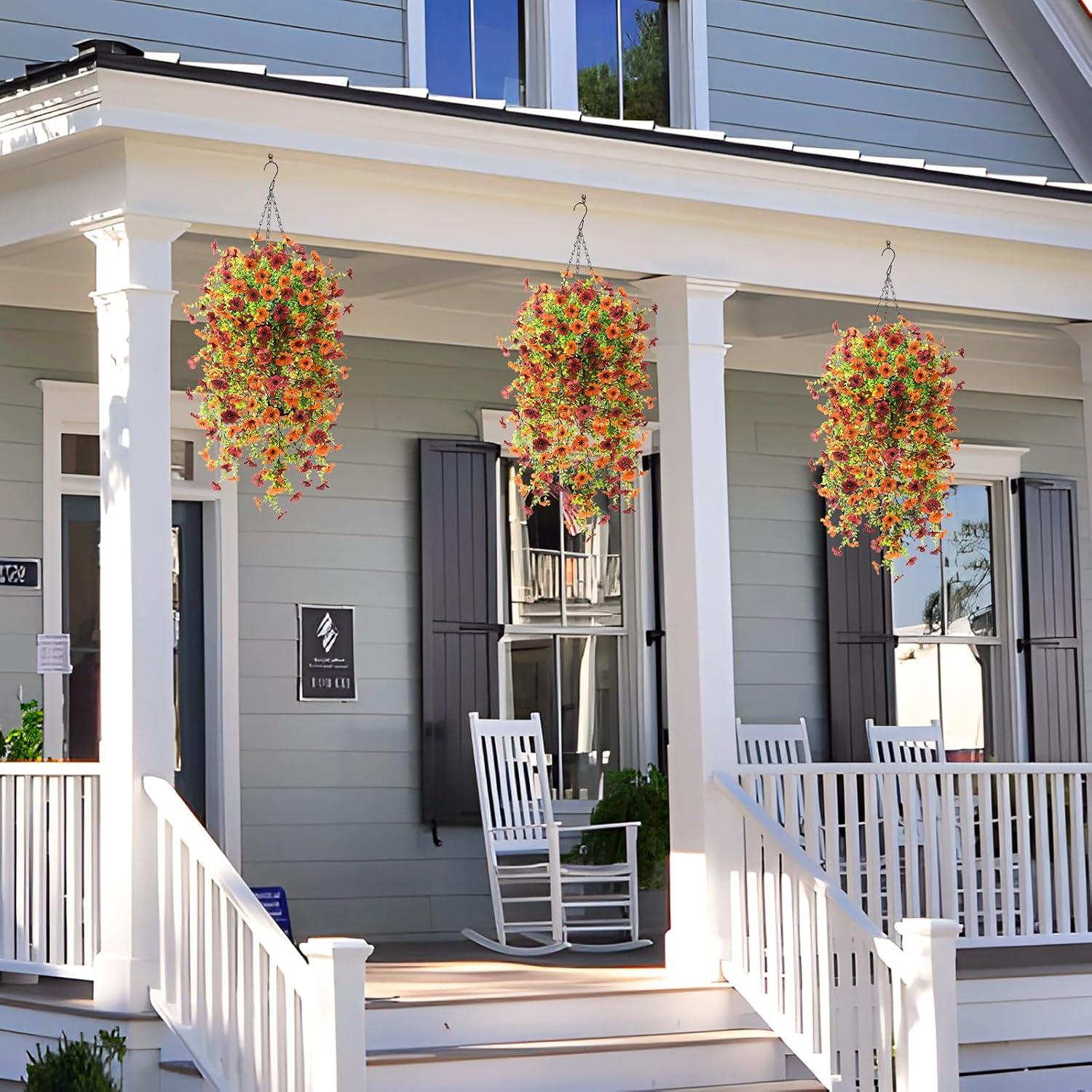 INQCMY Artificial Fake Hanging Flowers Plants with Basket for Outdoor Fall Decoration,Faux Silk Mixed Daisy in Planter UV Resistant Realistic for Porch Home Patio Garden Balcony Yard Autumn Decor