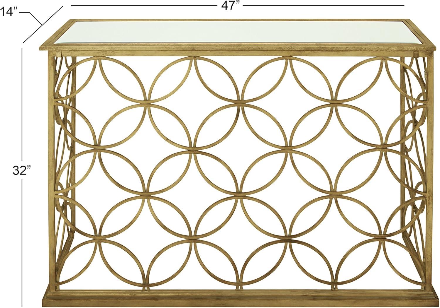 DecMode 47" x 32" Gold Metal Geometric Console Table with Mirrored Glass Top, 1-Piece