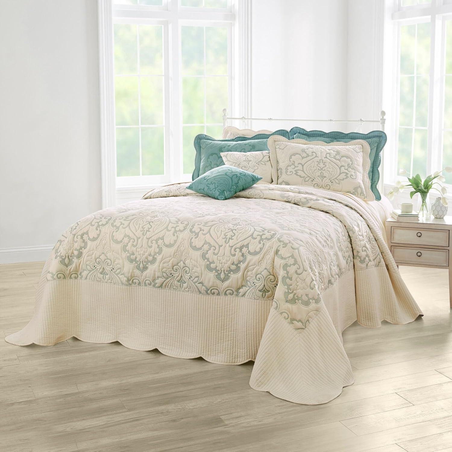 Ivory Seaglass Twin Quilted Damask Bedspread