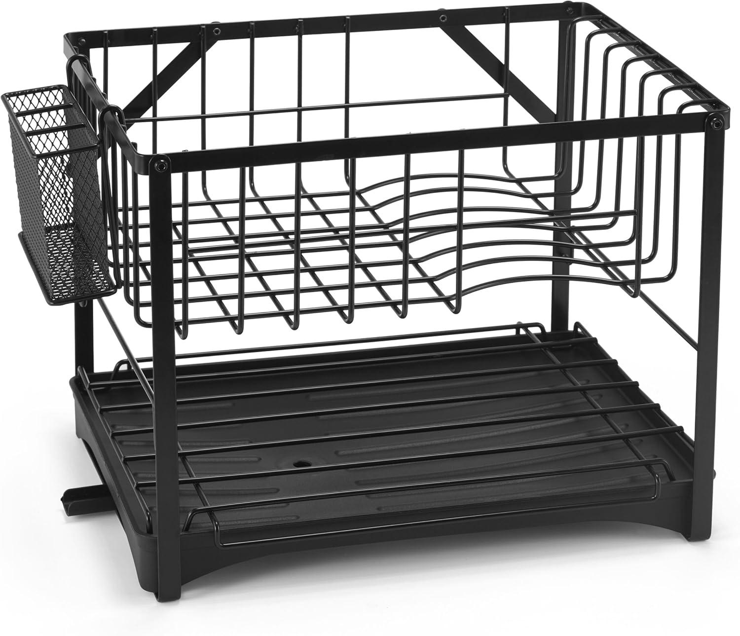 Black Metal 2-Tier Dish Rack with Utensil Cup