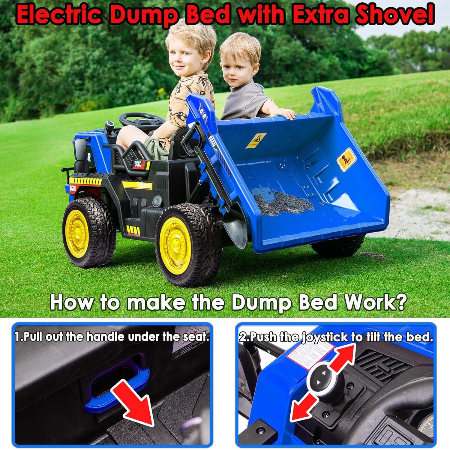 NEWQIDA 12V Ride On Dump Truck for Kids Car with Remote Control Construction Vehicles with Electric Dump Bed/Shovel, Ride On Toys for Boys Girls, 19" Spacious Seat, Music, Soft Start, Music, Blue
