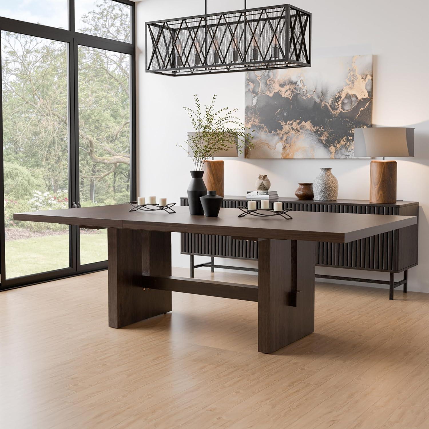 Furniture of America Joshi Dark Walnut Transitional Extending Drop leaf Dining Table, Wood with Dark Walnut Wood Trestle Base 108-Inches L x 30-Inches H