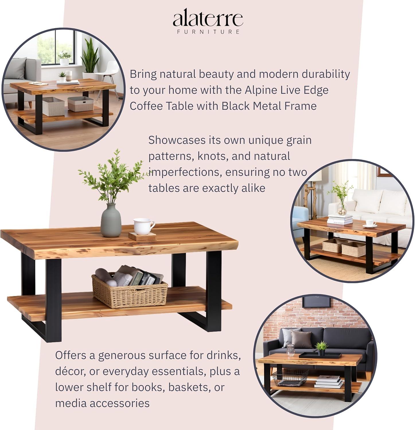 Alpine Live Edge Wood Coffee Table Natural - Alaterre Furniture: Acacia Sofa Table, Metal Legs, Rectangular