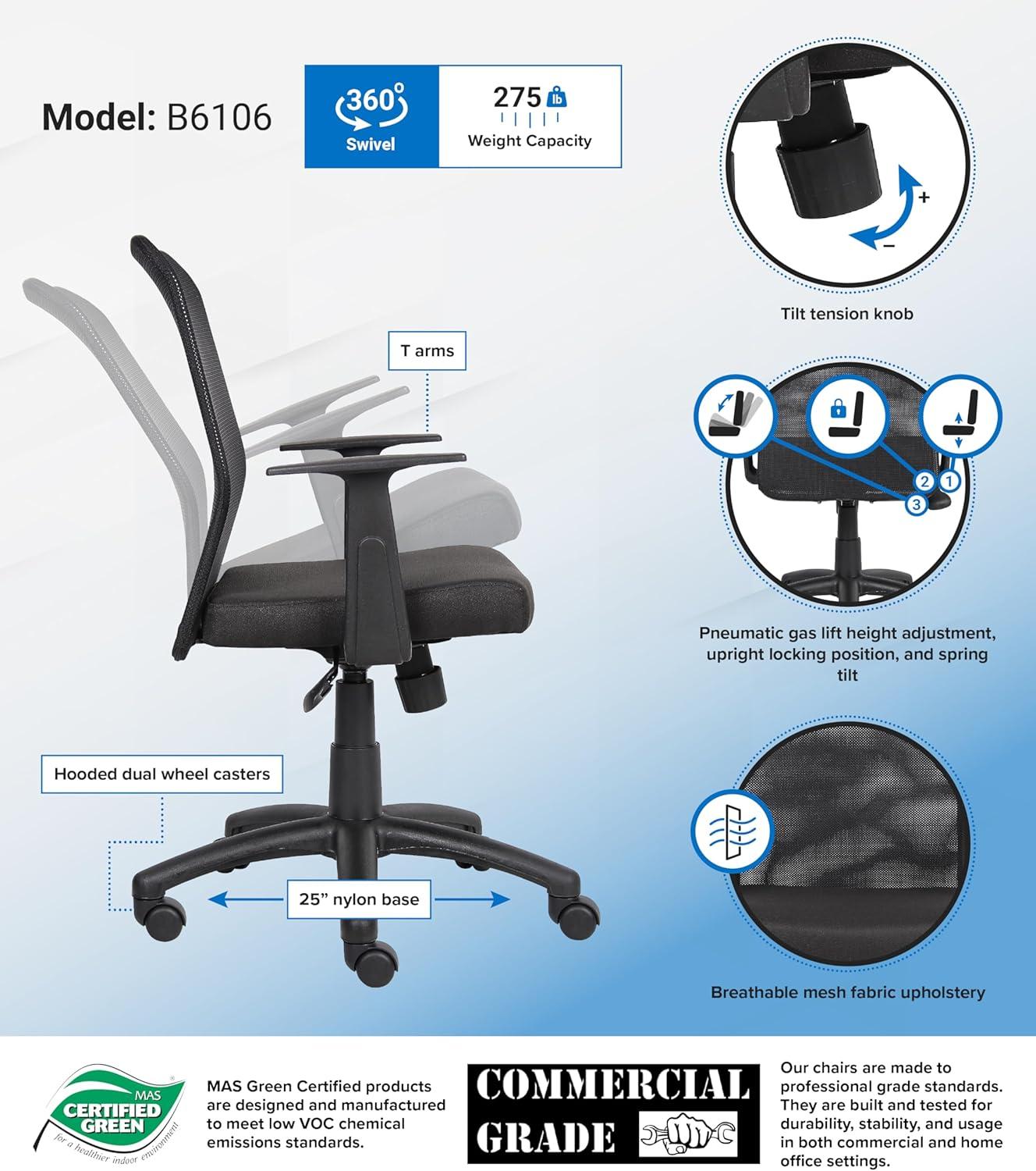 Budget Mesh Task Chair with T-Arms Black - Boss Office Products: Swivel, Adjustable Height, Nylon Base