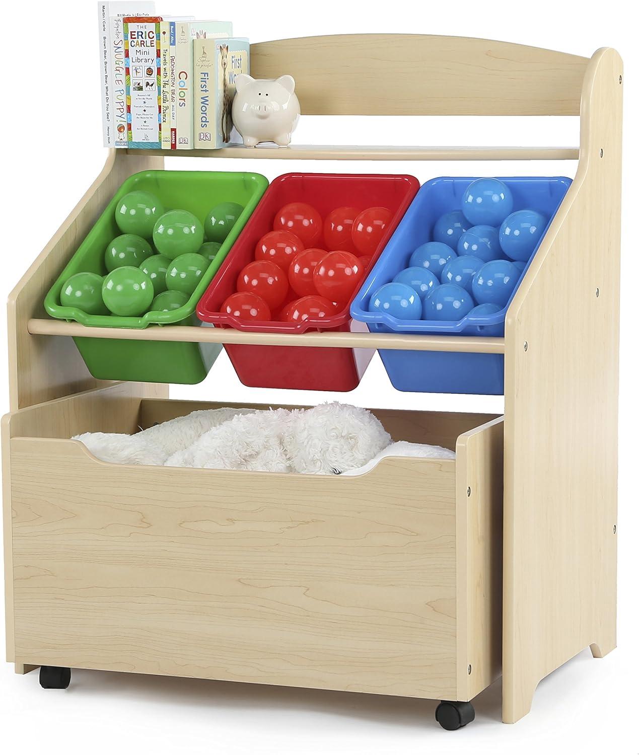 Humble Crew 3-in-1 Toddler-Size Storage Organizer with Rolling Toy Box, Plastic Bins, Natural/Primary