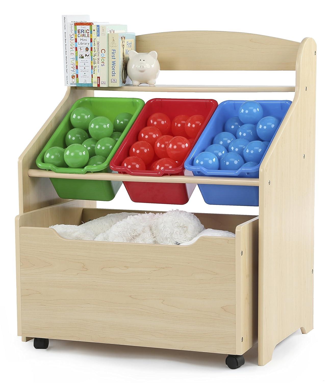 Humble Crew 3-in-1 Toddler-Size Storage Organizer with Rolling Toy Box, Plastic Bins, Natural/Primary