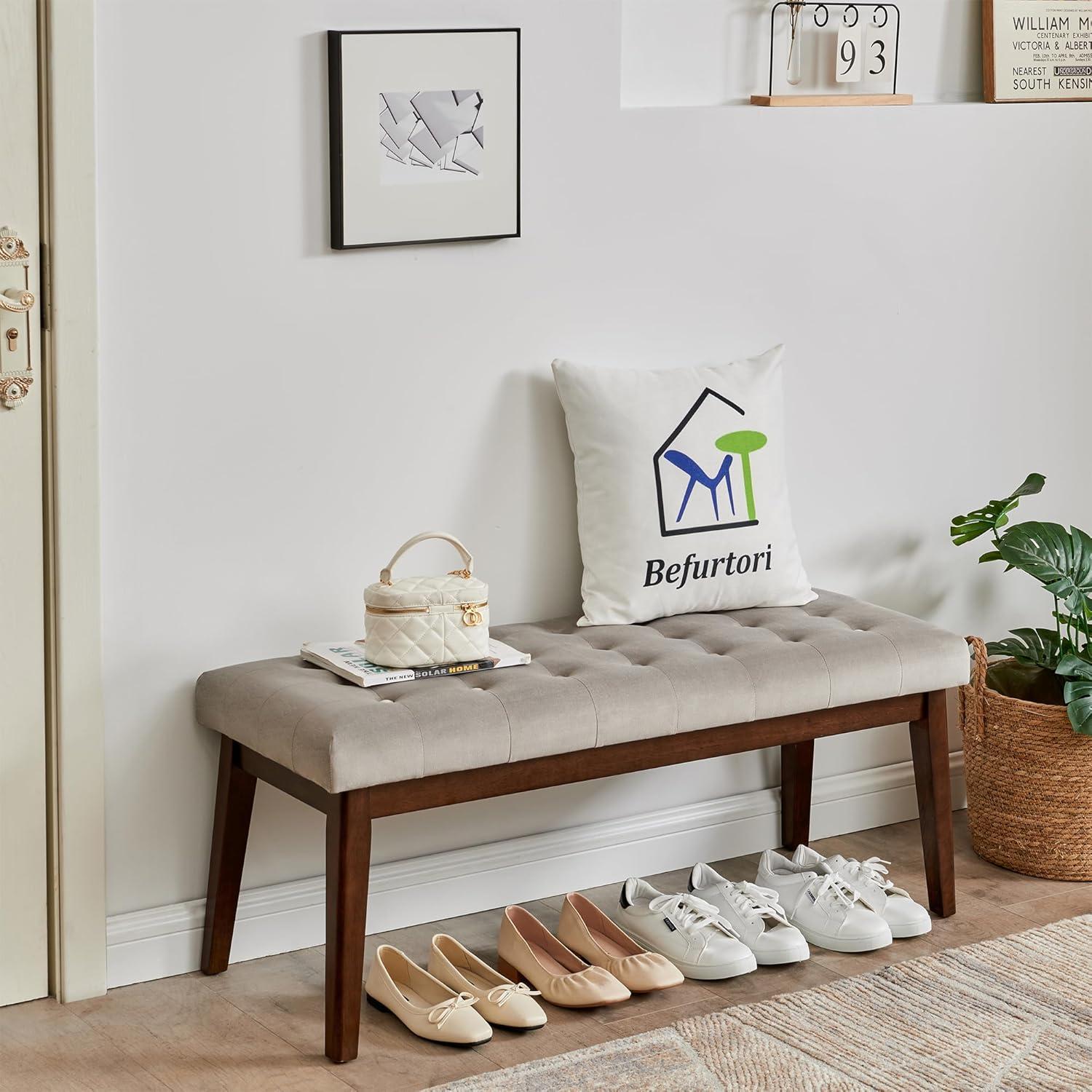 Gray Velvet Upholstered Bench with Solid Wood Legs