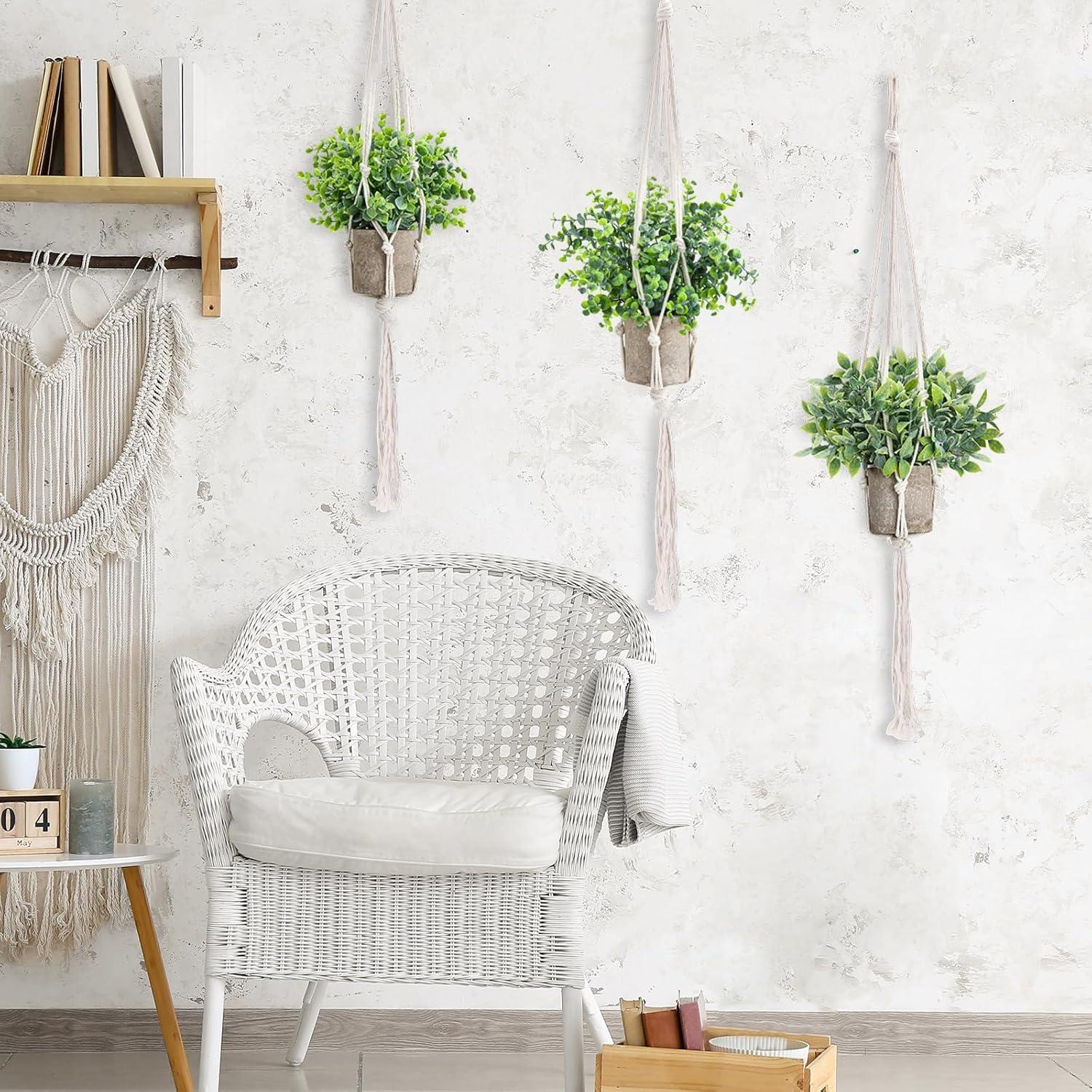 Artificial Plants 3 Pack Mini Fake Hanging with Macrame Plant Hangers Decorative Faux Greenery Decor for Shelves Wall Kitchen Farmhouse Bathroom Home Office