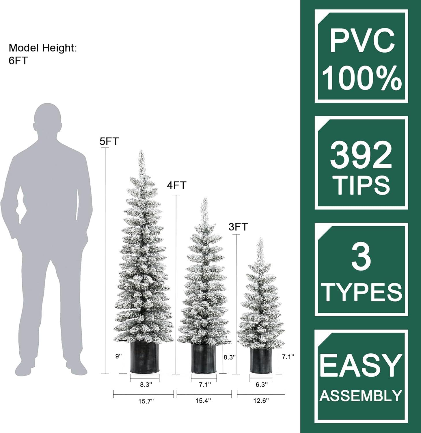 LuxenHome Set of 3 Unlit Snow-Flocked Christmas Trees with Metal Pots White