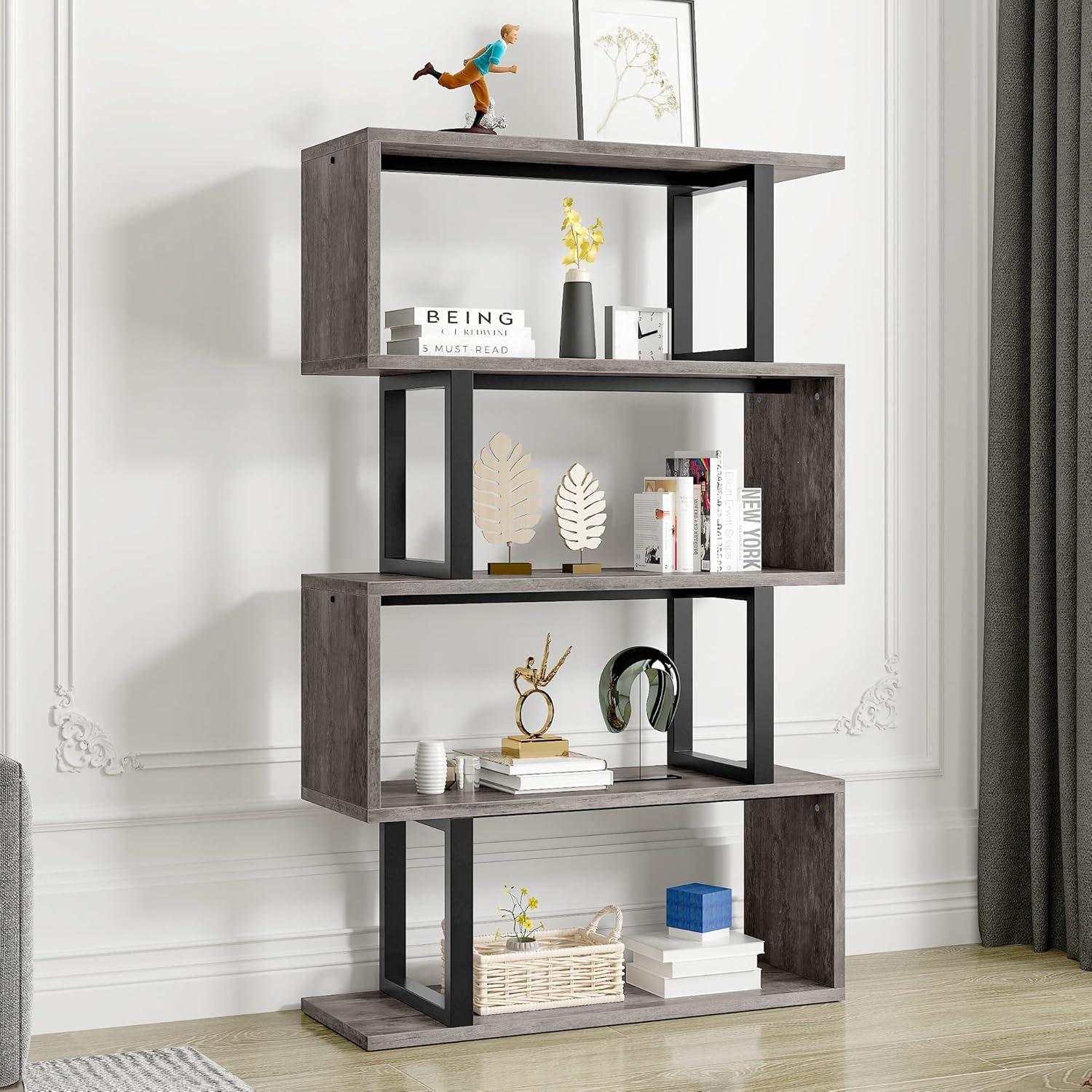 Gray and Black S-Shaped 5-Tier Industrial Bookshelf