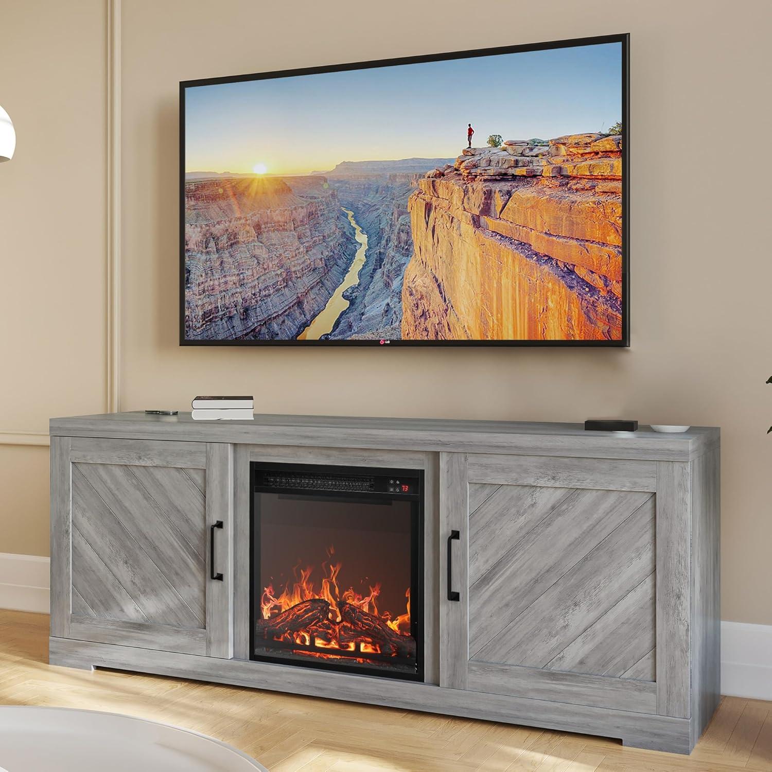 Gray Wash 58" Farmhouse TV Stand with Fireplace and Cabinets