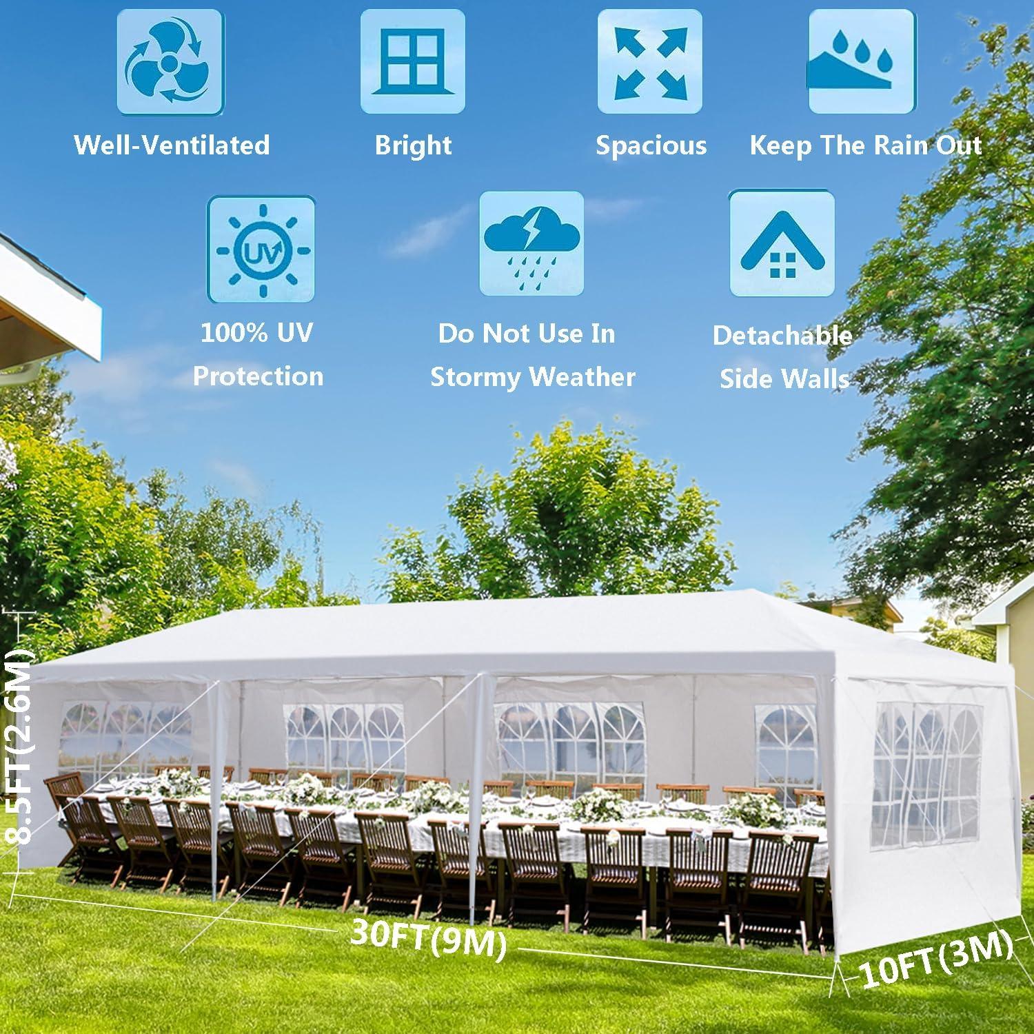 10'x30' Outdoor Party Wedding Tent Canopy Waterproof Camping Gazebo BBQ Shelter Pavilion Heavy Duty, 5 Removable Sidewalls (10x30)