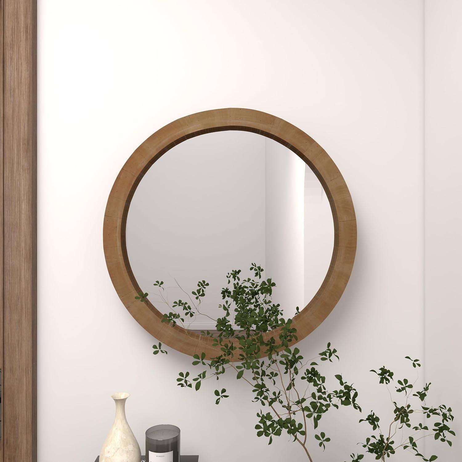 24" Round Natural Brown Wood Wall Mirror