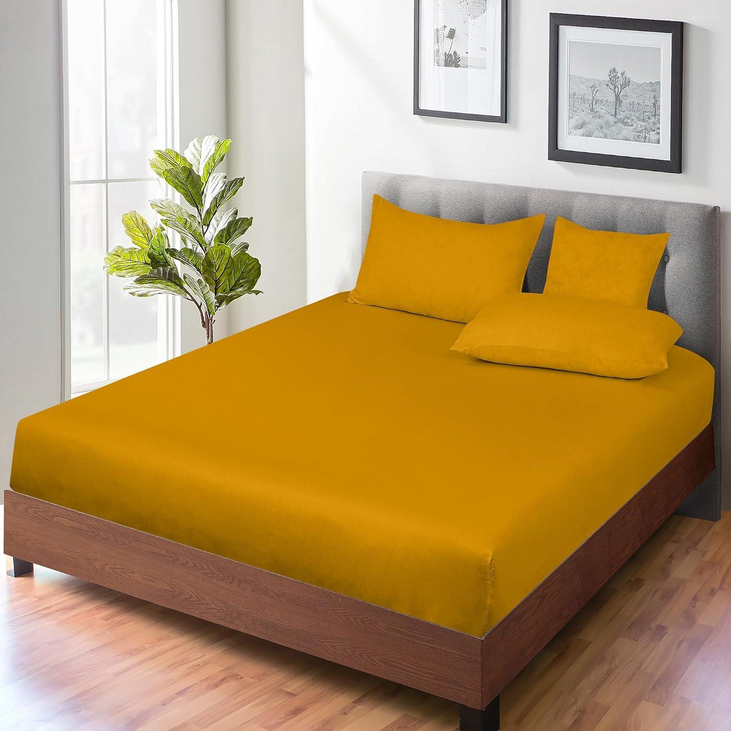 Royale Linen 300 Thread Count 100% Long Staple Combed Cotton Fitted Sheet - Super Soft Deep Pocket Bottom Sheet - Yellow Fitted Sheet Twin Size - Twin Fitted Sheet Only - Elastic Sheet (Twin, Yellow)