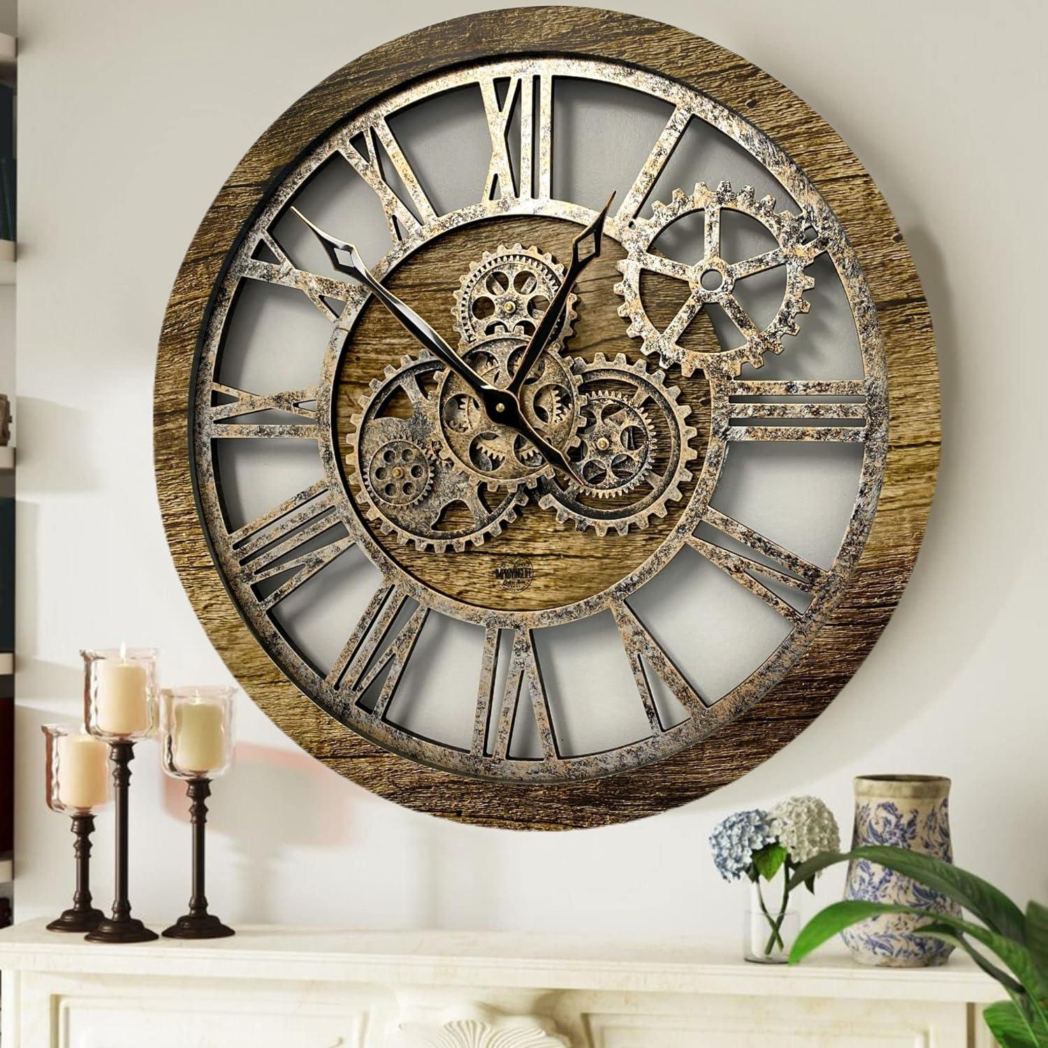 The Gears Clock Wall Clock 24" Round Oversized for Living Room decor with Real Moving Gears America Collection