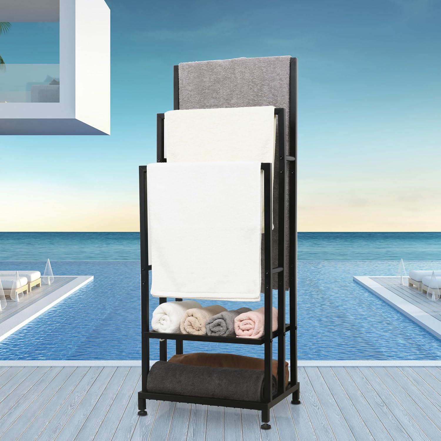 Black 41" H Free Standing 3 Tier Blanket Rack with 2 Storage Shelves - Anti-Rust Towel Rack for Bathroom, Outdoor, Bath & Pool (41"x16"x12")