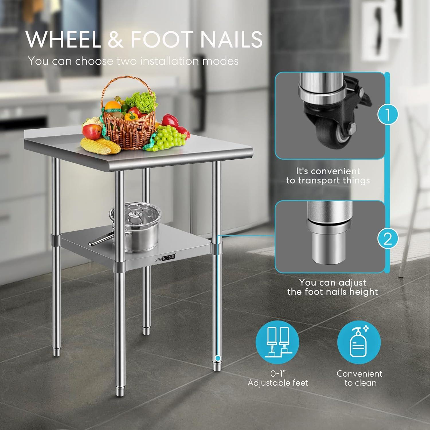 Stainless Steel Work Table with Backsplash and Wheels