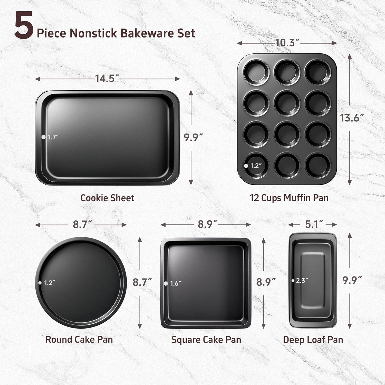 Baking Pans Set, 5-Piece Nonstick Bakeware Sets with Round/Square Cake Pan, Muffin Loaf Roast Pan, Baking Sheets for Oven, Kitchen Cookware Sets Baking Tray Baking Supplies, Gold
