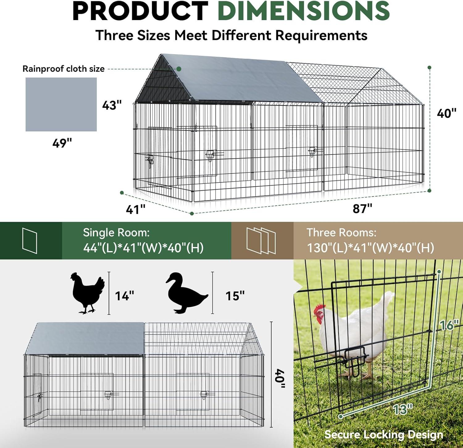 Metal Chicken Coop, 86 x 40 x 40 Inch Chicken Run for Yard with Waterproof Cover, Outdoor Portable Chicken Pen with 4 Doors, 1 Window, Chicken House for Small Animals Duck, Rabbit, Hen
