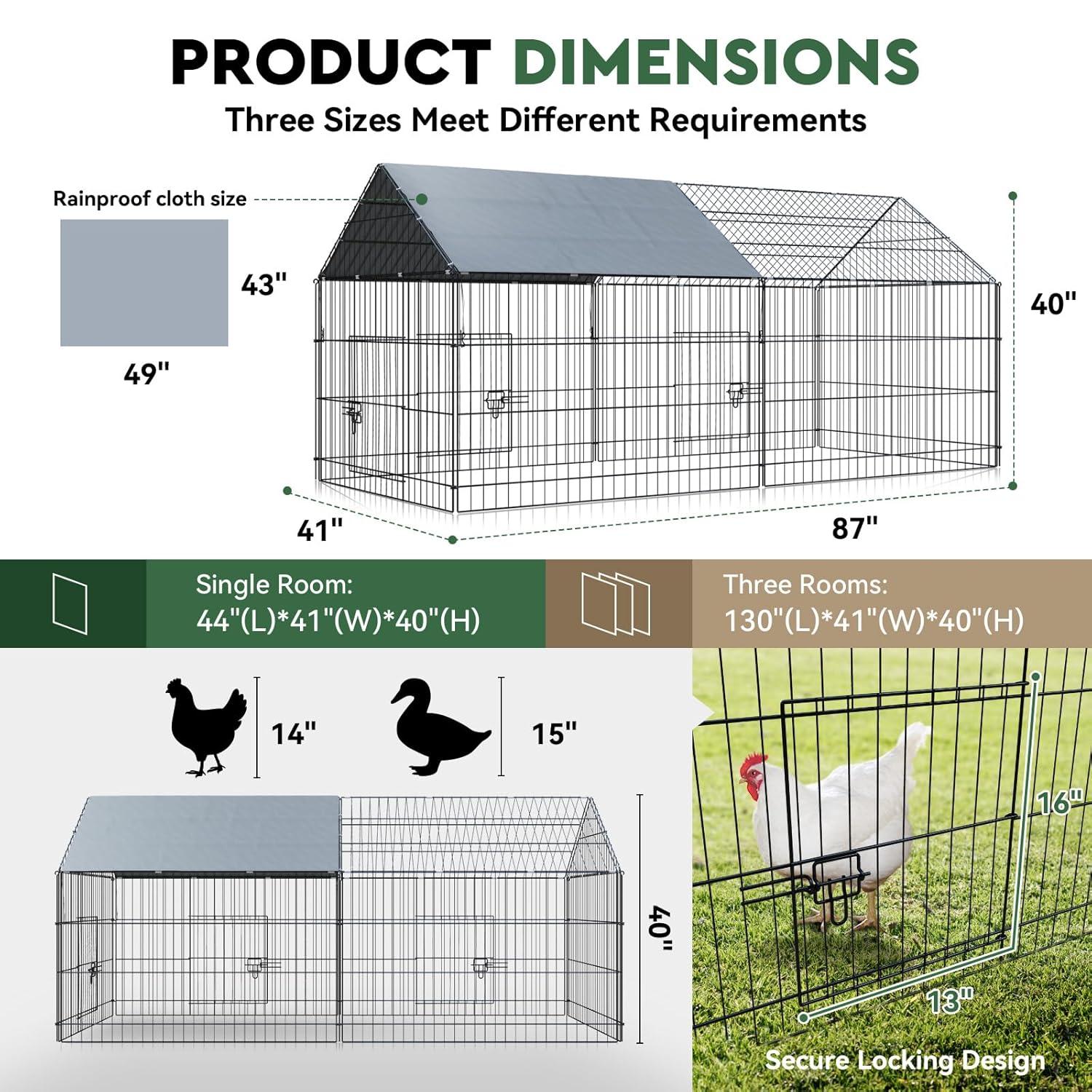 Metal Chicken Coop, 86 x 40 x 40 Inch Chicken Run for Yard with Waterproof Cover, Outdoor Portable Chicken Pen with 4 Doors, 1 Window, Chicken House for Small Animals Duck, Rabbit, Hen