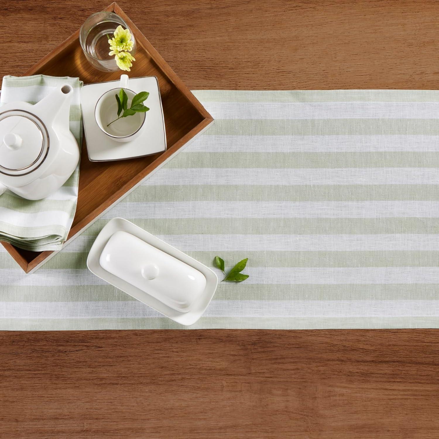 Sage and White Striped Linen Table Runner 60 inches