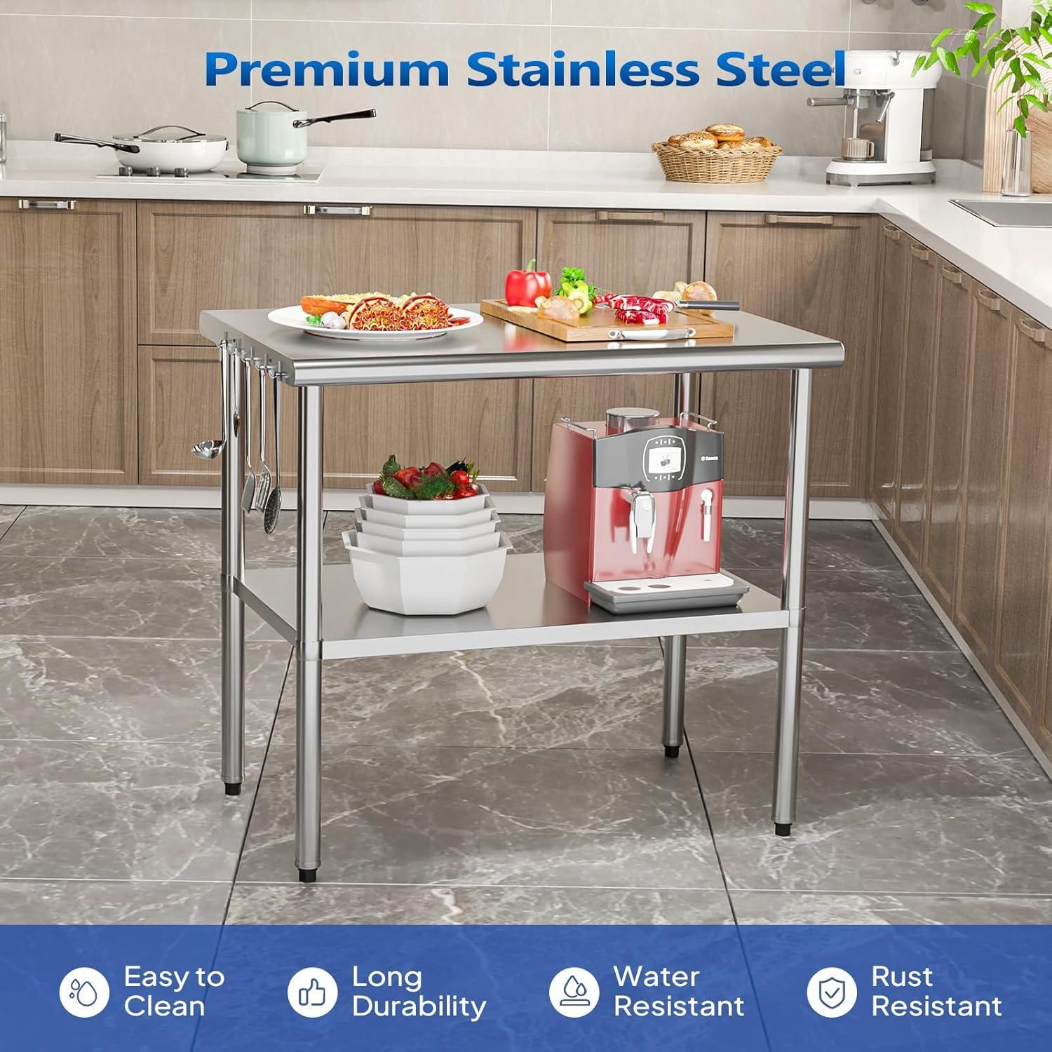ROVSUN 30'' x 24'' Stainless Steel Table for Prep & Work, Metal Table with Undershelf for Kitchen Restaurant, Home