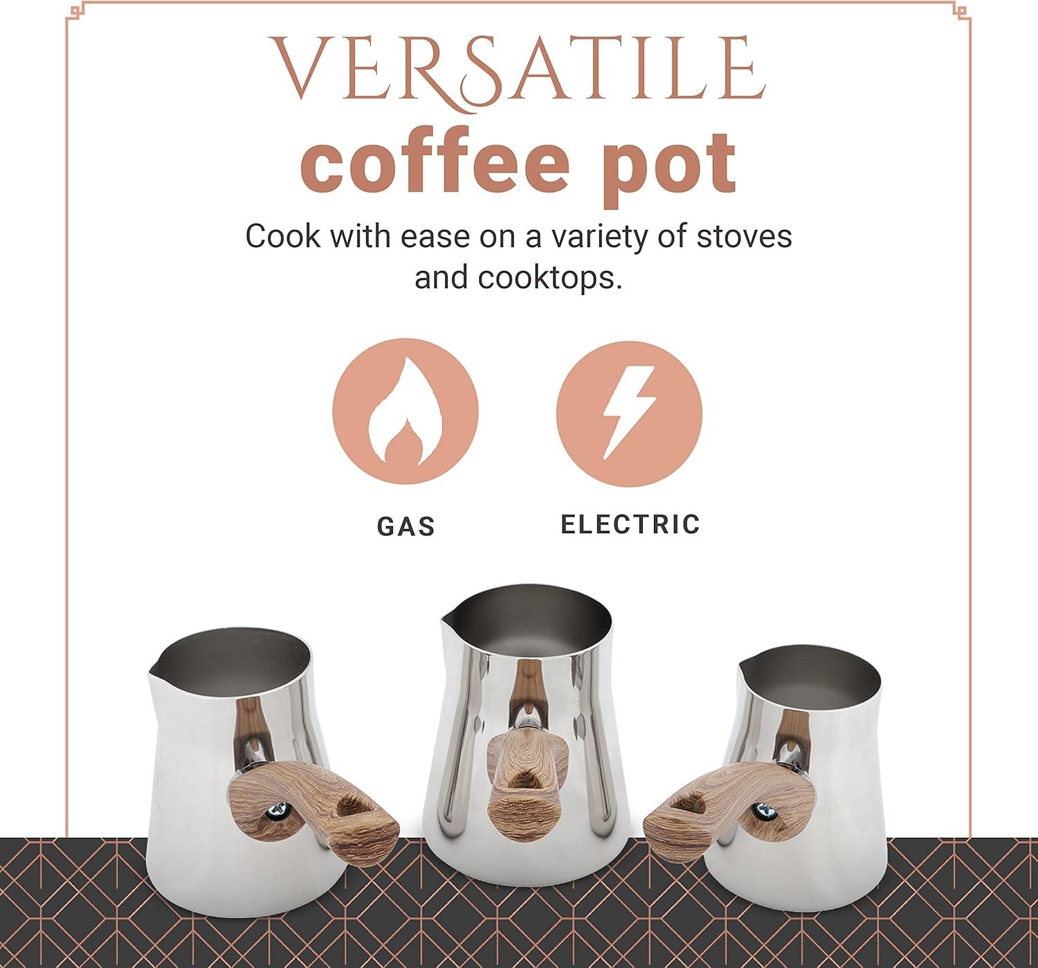 Serenk Turkish Coffee Pot Set, 4-Piece Stainless Steel w/Stand, 2-4 Cup Sizes, 18/10 Steel, Gas Stove Compatible