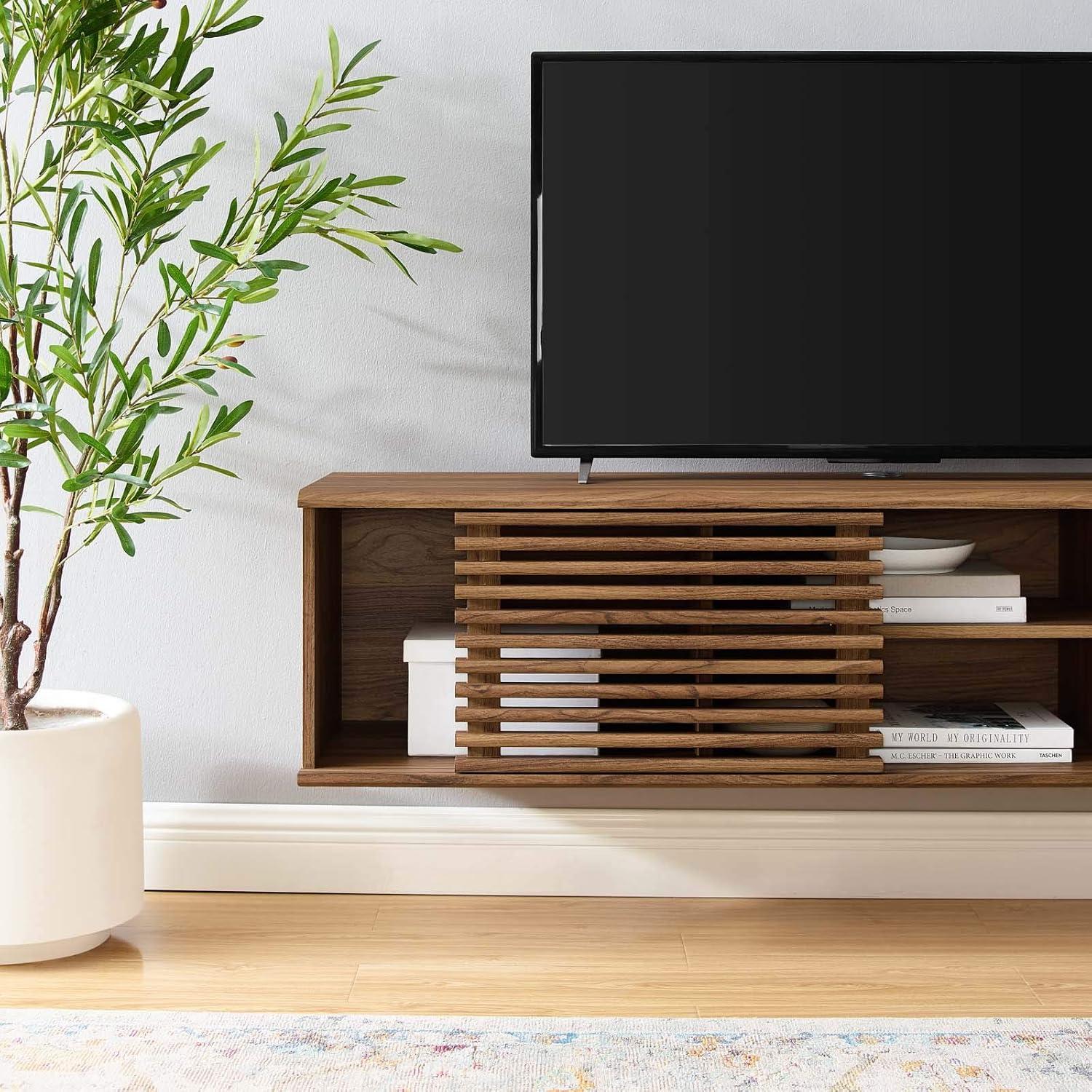 Modway Render Wood Wall-Mount Media Console TV Stand for TVs up to 65" in Walnut