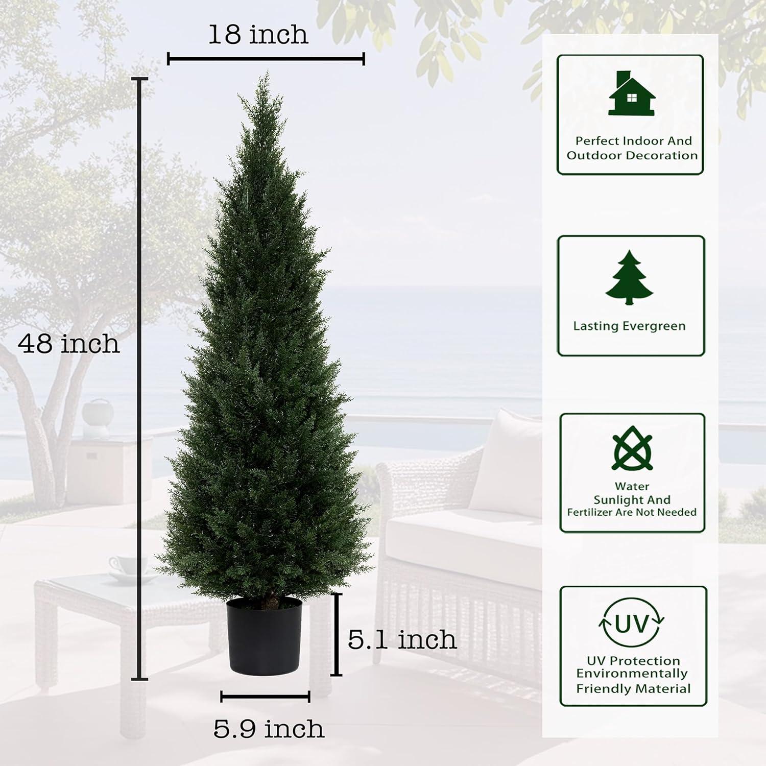 Artificial Cedar Tree 2 Pack 4 ft Outdoor Artificial Topiary Cedar Plants Fake Tree UV Rated Potted Tree for Perfect Housewarming Gift, Set of 2