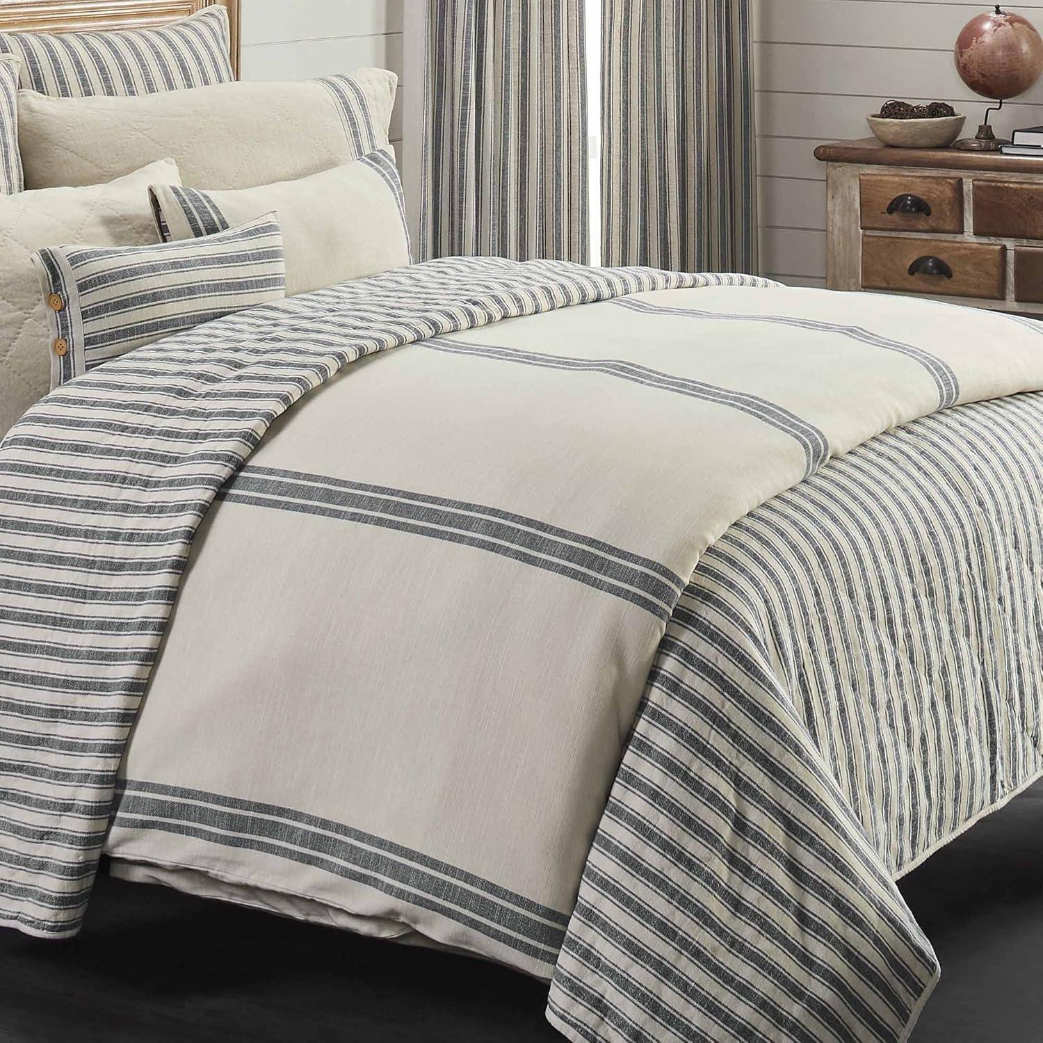 King Size Cream and Gray Cotton Stripe Duvet Cover