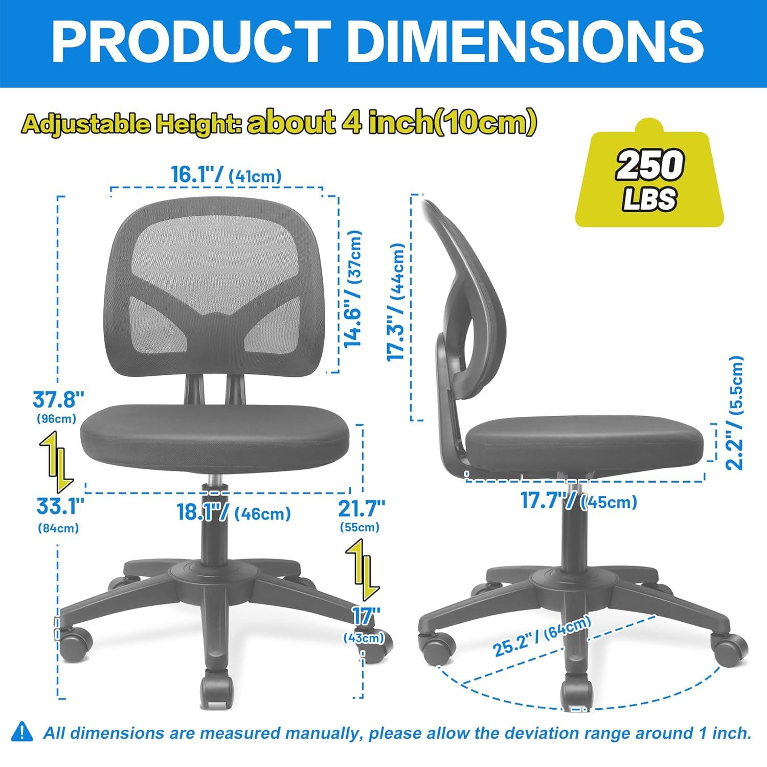 Mesh Office Chair Ergonomic Small Desk Chair No Arms Black Swivel Computer Chair with Wheels Task Chair for Small Spaces Mid Back Home Office Chair for Adults and Kids