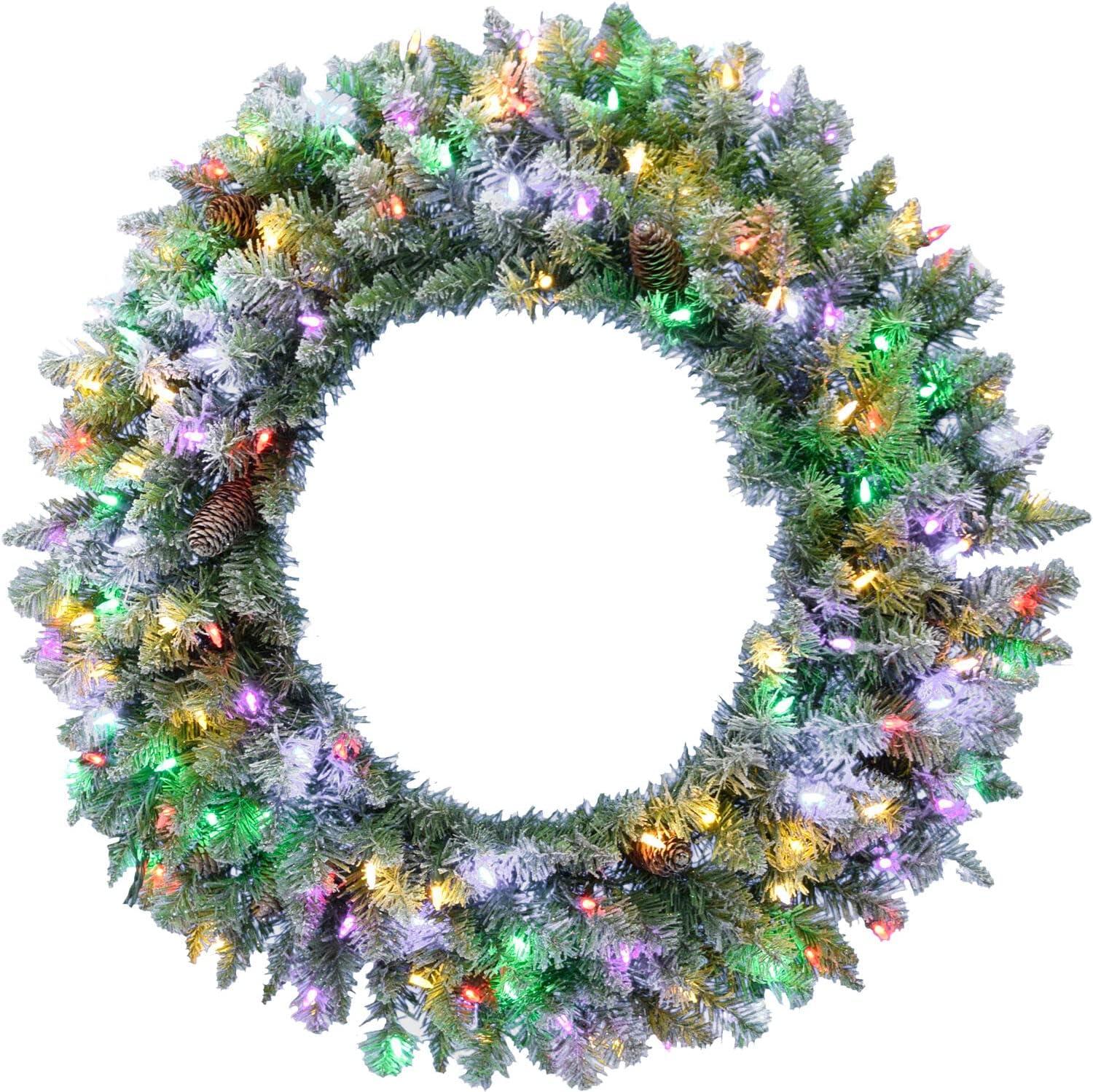 36" Frosted Pine Wreath with Pinecones and LED Lights