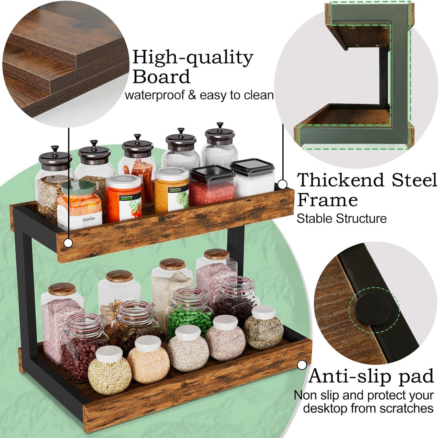 Rustic Brown 2-Tier Wood and Metal Countertop Organizer