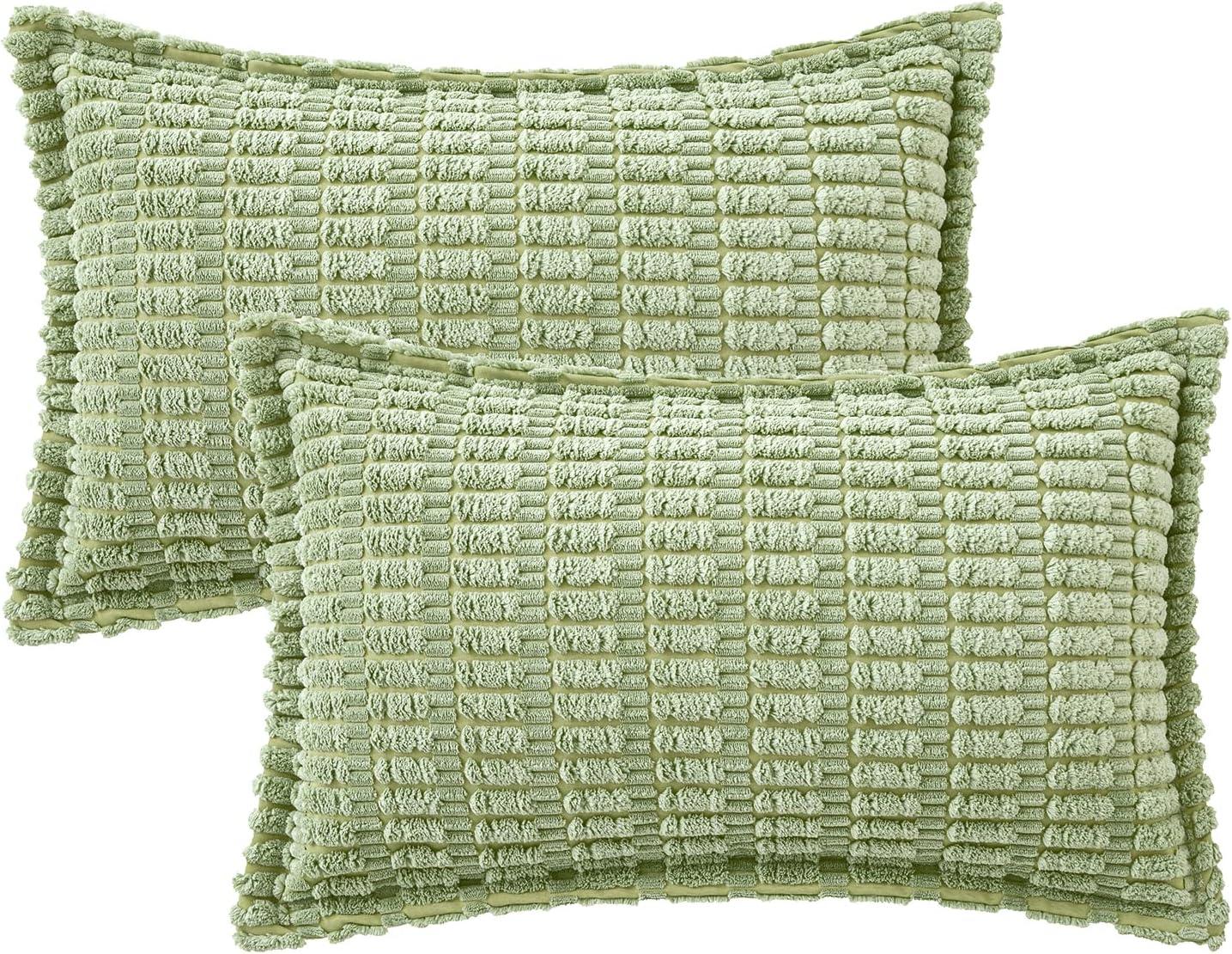 Boho Sage Green Striped Corduroy Pillow Covers - Set of 2 | Farmhouse Rectangle Cushion Cases for Sofa Couch Bed | Soft Decorative Throw Pillowcases - 12x20 Inch Home Decor