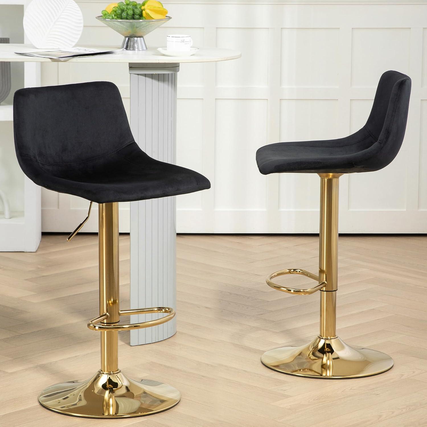 Velvet Bar Stools Set Of 2 Modern Counter Height Barstools With Low Back Ajustable Swivel Kitchen Bar Chairs With Gold Footrest For Home Bar/Dining Room, Green