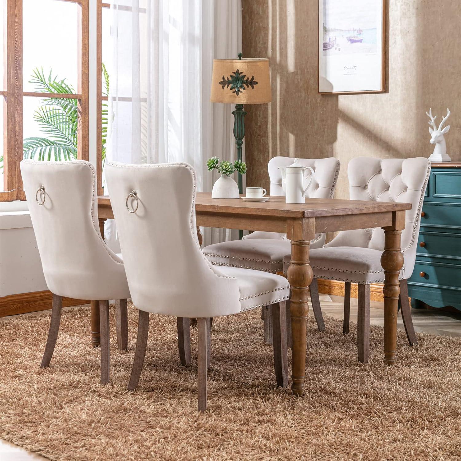 Beige Velvet Dining Chairs Set of 4, Upholstered Dining Room Chairs with Back Ring Pull Trim and Solid Wood Legs, Tufted Wingback Kitchen Chairs for Dining Room,Living Room,Kitchen(Beige)