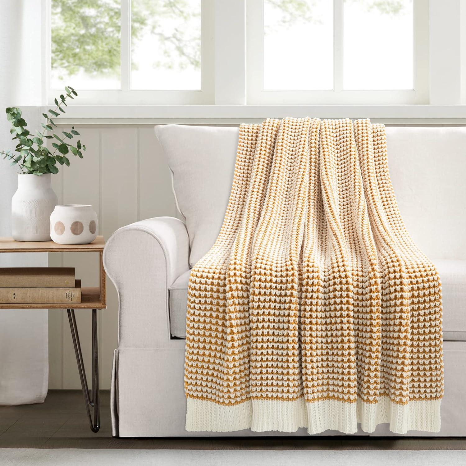 Yellow and White Knitted Acrylic Throw Blanket 60" x 50"