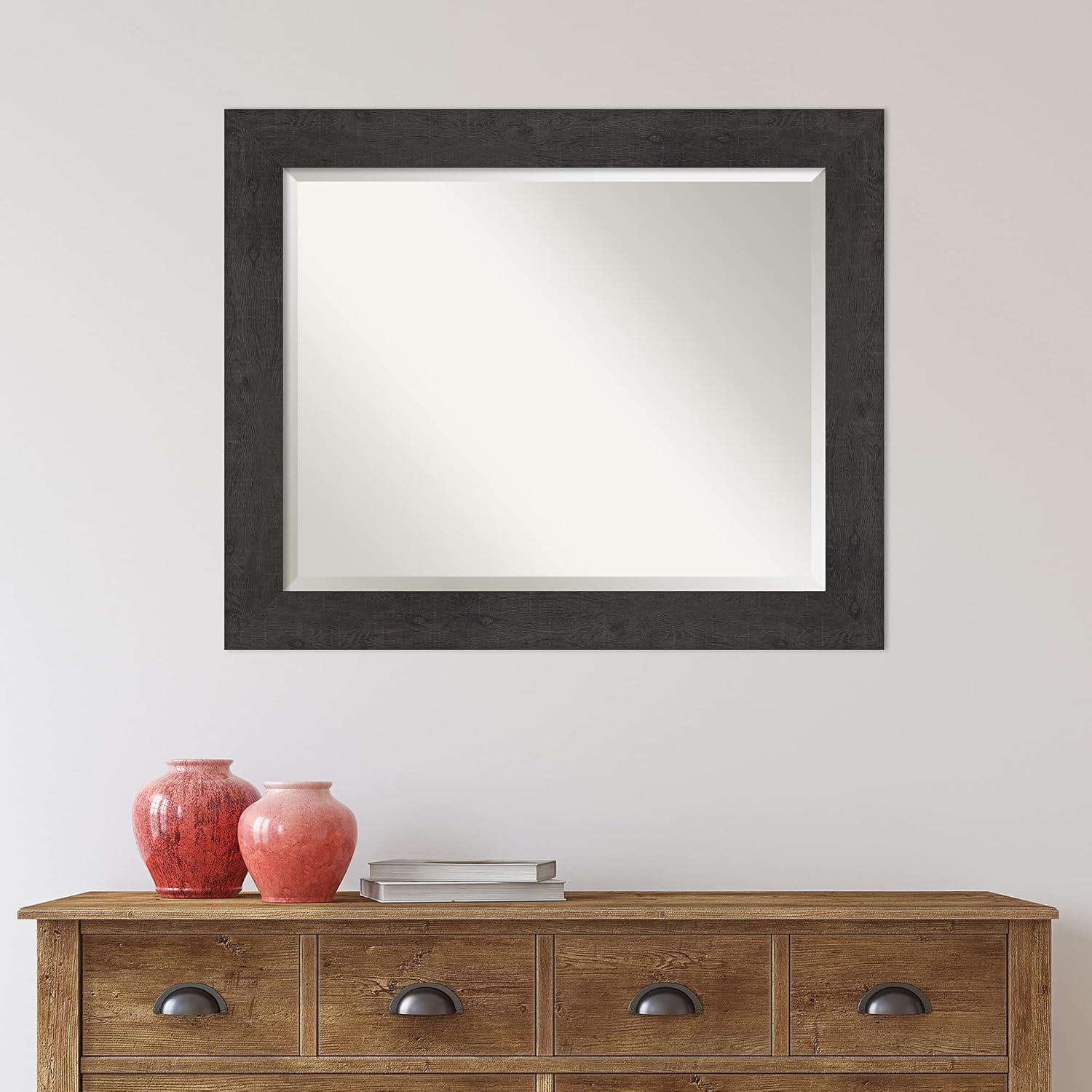 Amanti Art Beveled Bathroom Wall Mirror - Rustic Plank Espresso Frame Outer Size: 33 x 27 in