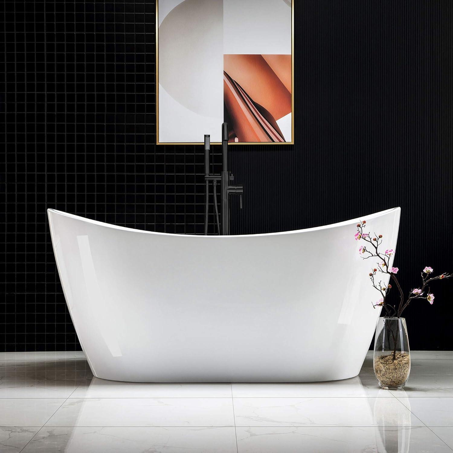 59" White Acrylic Freestanding Oval Bathtub with Matte Black Overflow